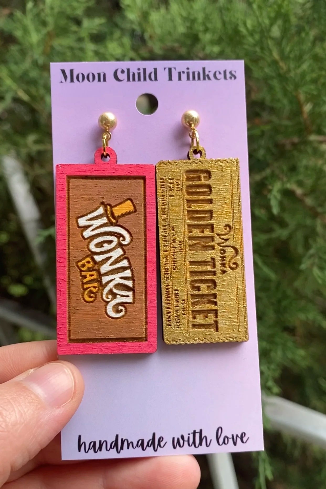 Wonka Bar & Golden Ticket Hand Painted Wood Dangle Earrings image 1