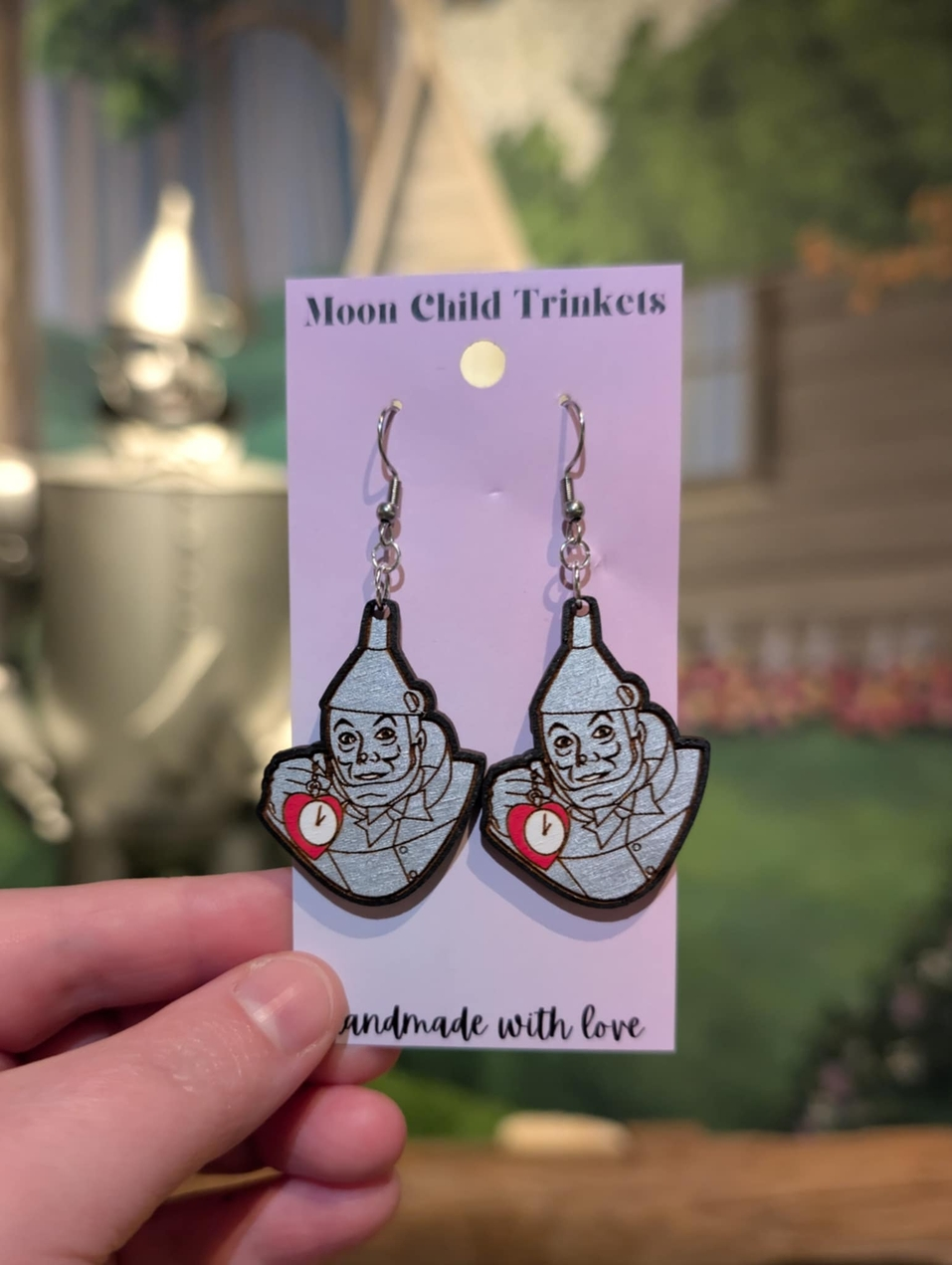 Wizard of Oz Inspired Tin Man Hand Painted Wood Dangle Earrings