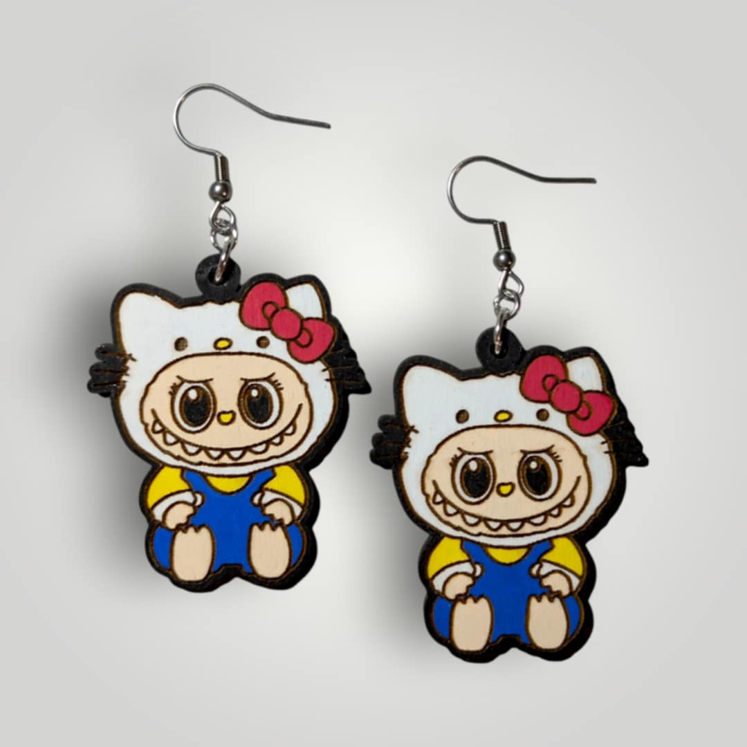Hello Kitty Labubu Hand Painted Wood Earrings