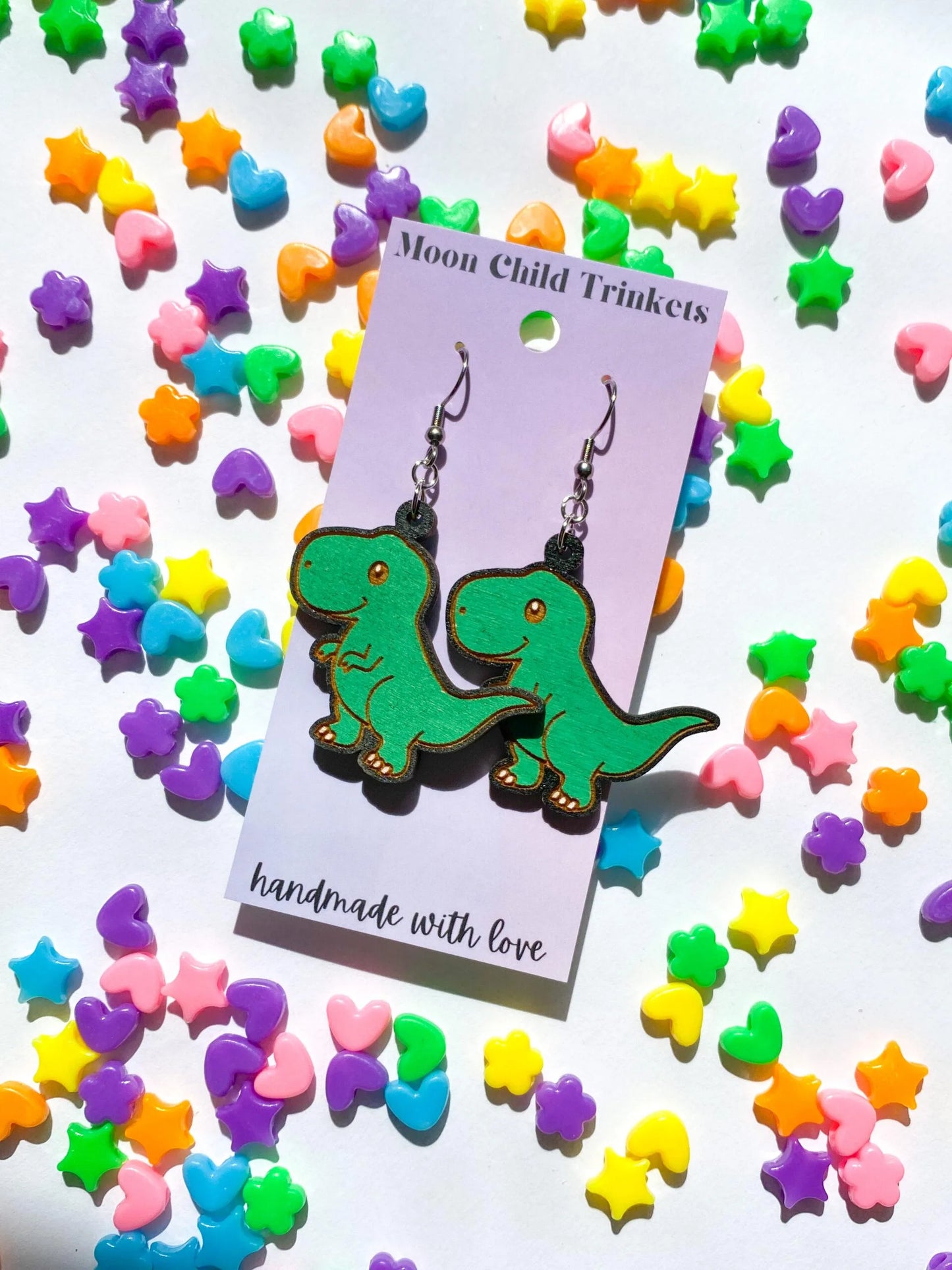 T-Rex Hand Painted Wood Dangle Earrings image 0