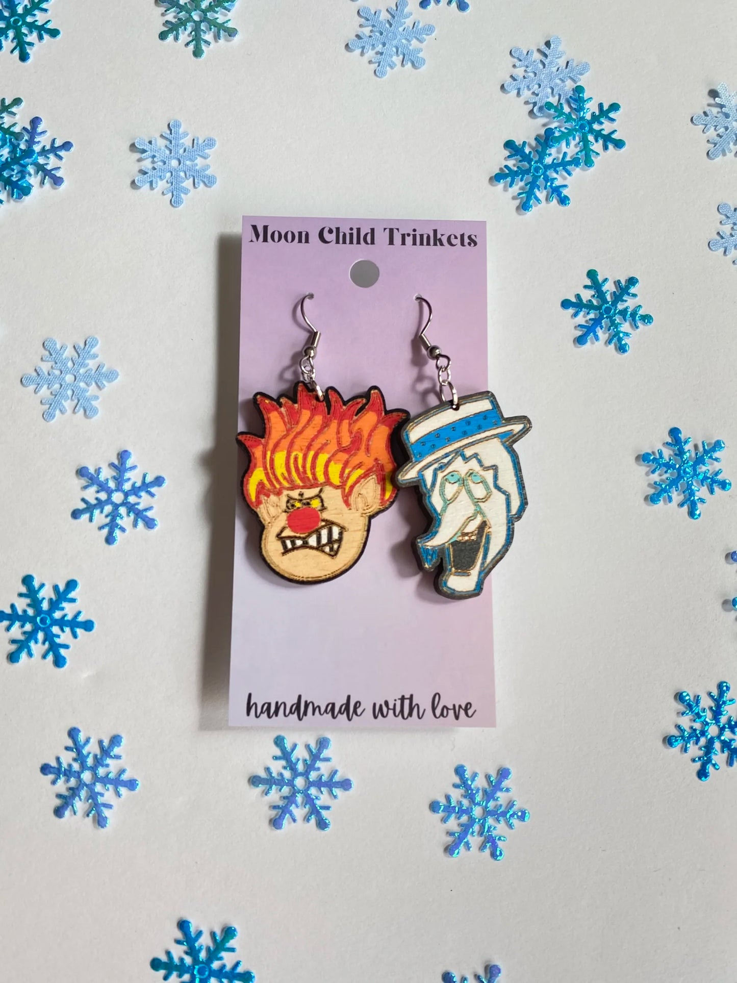 Retro Classic Christmas Snow and Heat Miser Hand Painted Wooden Drop Earrings, hypoallergenic earrings, statement earrings, Gifts for Her image 3