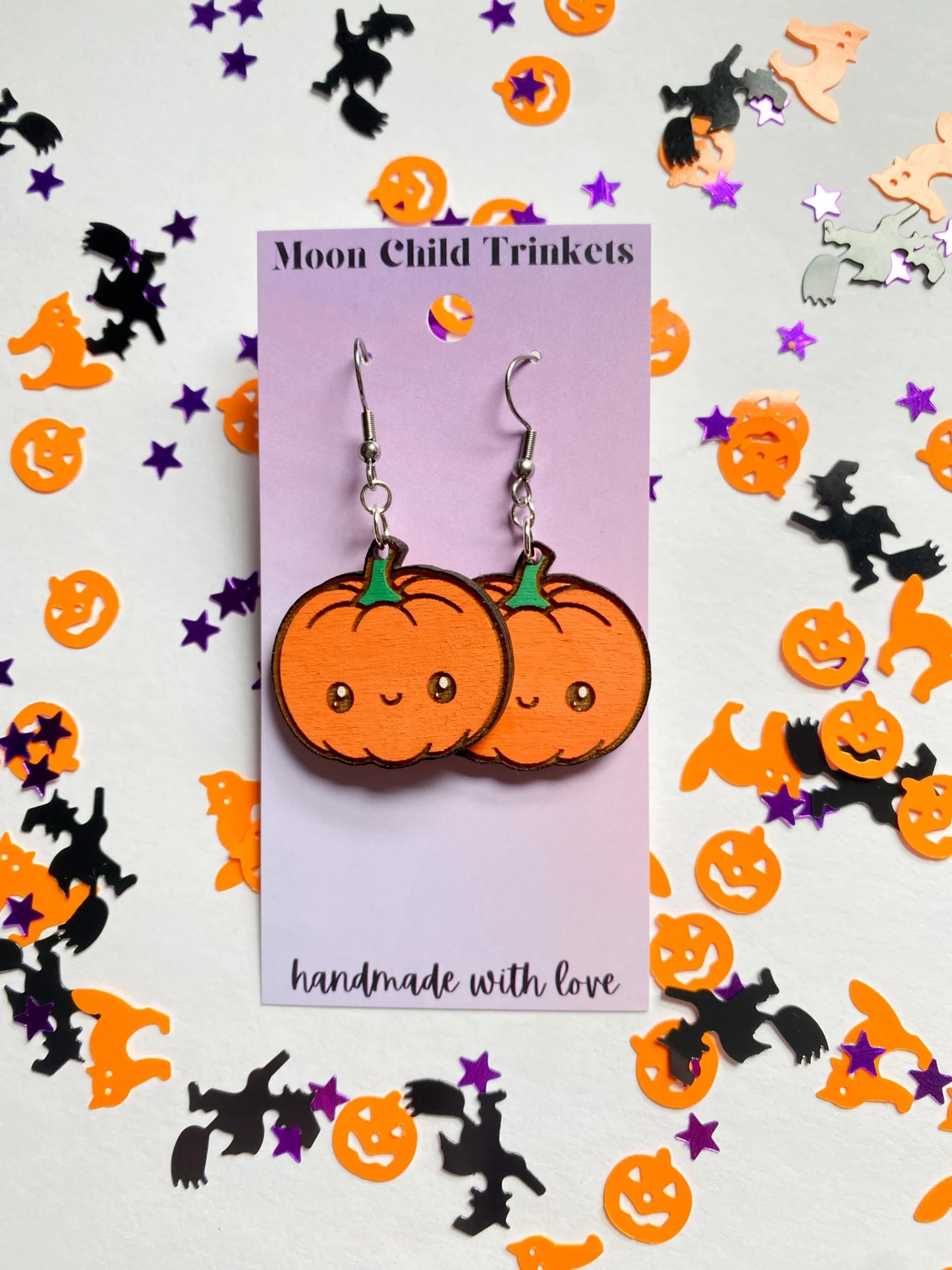 Pumpkin Kawaii Hand Painted Wood Dangle Earrings image 0