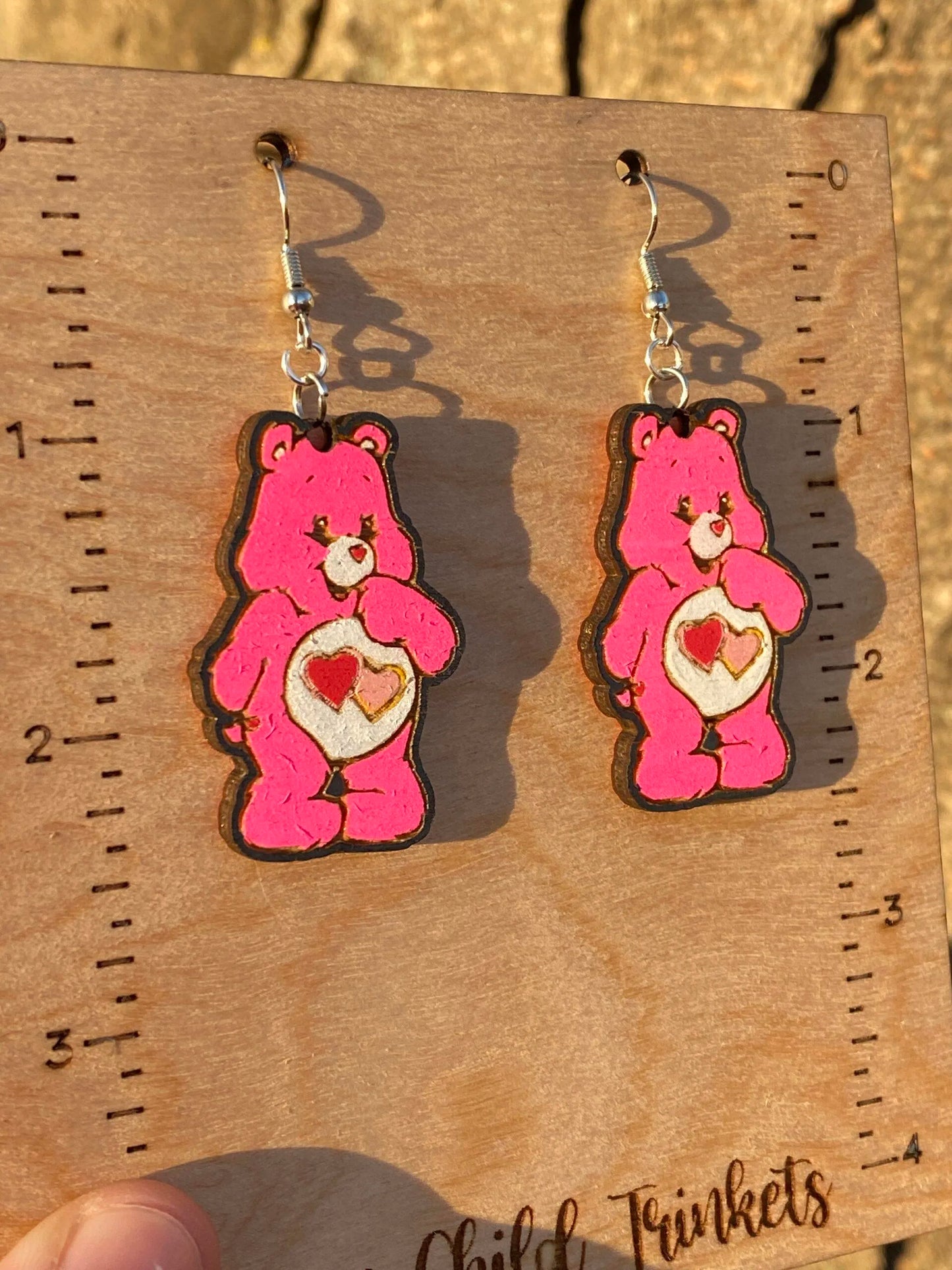 Love A Lot Care Bear Hand Painted Wood Dangle Earrings image 1