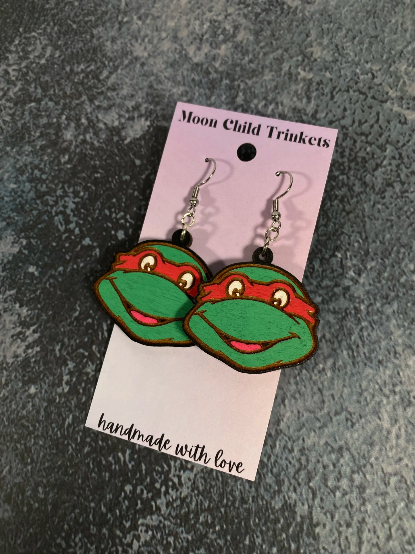Raphael Ninja Turtle Hand Painted Wood Dangle Earrings image 1