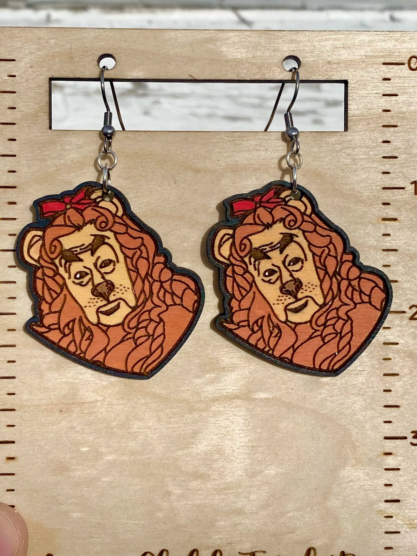 Wizard of Oz Inspired Cowardly Lion Hand Painted Wood Dangle Earrings, image 0