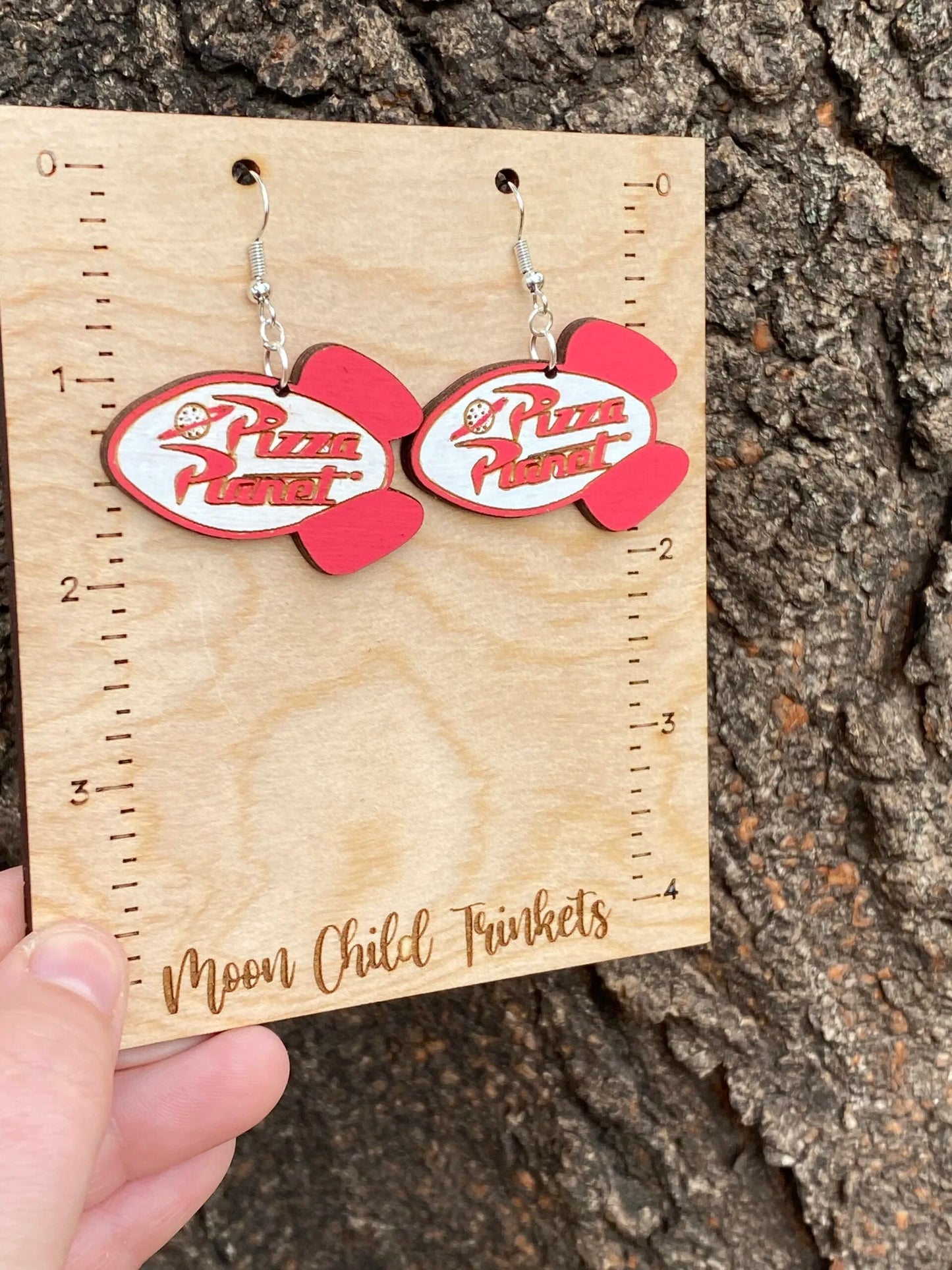 Pizza Planet Toy Story Inspired Hand Painted Wood Dangle Earrings image 2