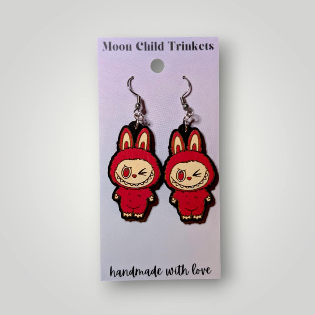 Labubu Monster Wink Hand Painted Wood Earrings