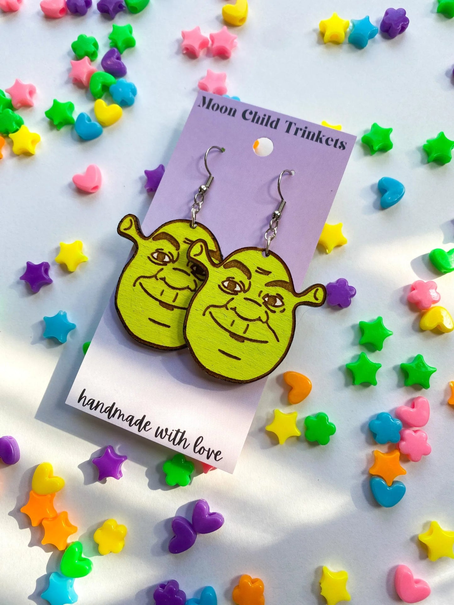Shrek Hand Painted Wood Dangle Earrings image 0