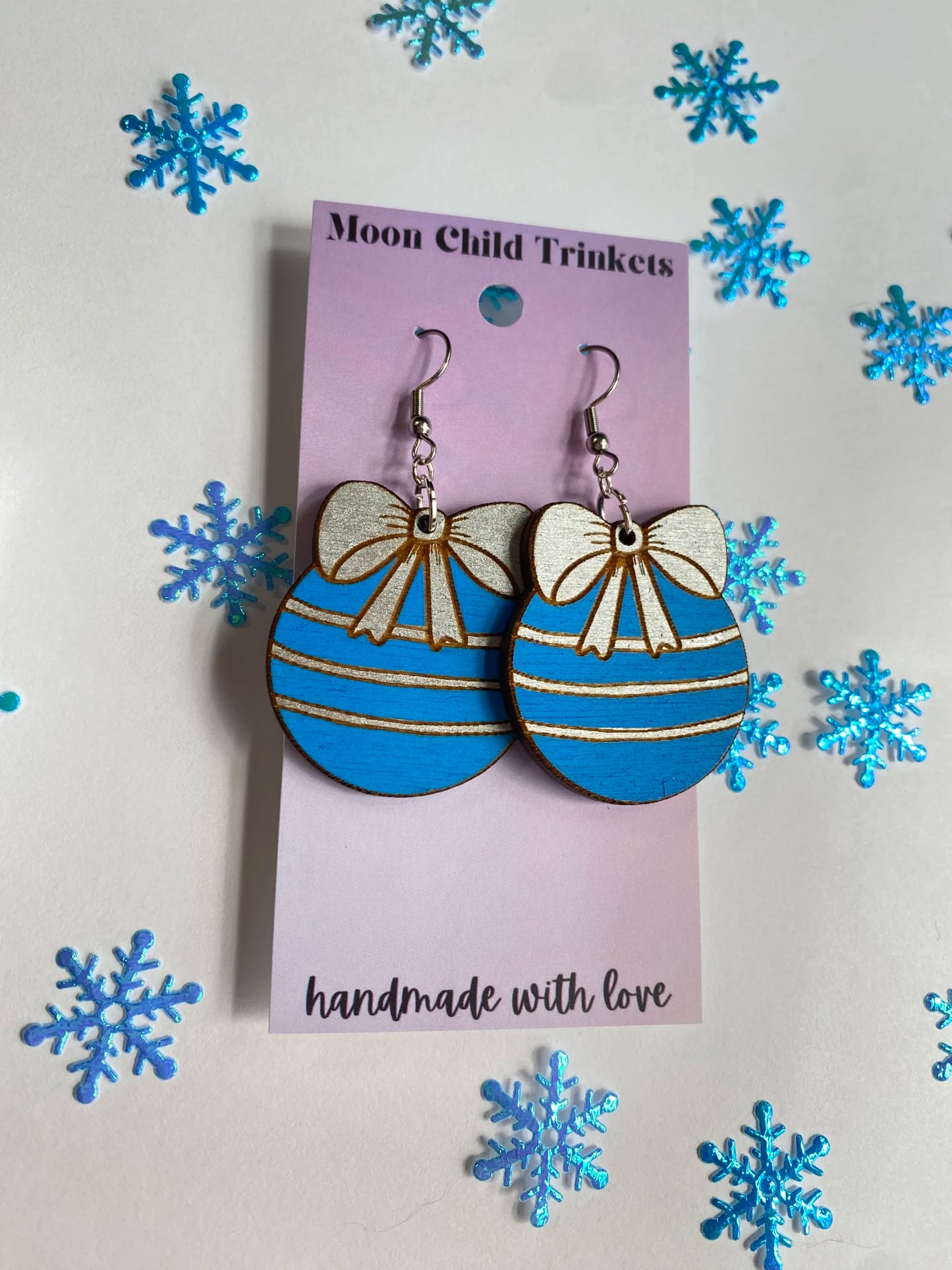 Blue & Silver Christmas Ornament Hand Painted Wood Earrings image 0