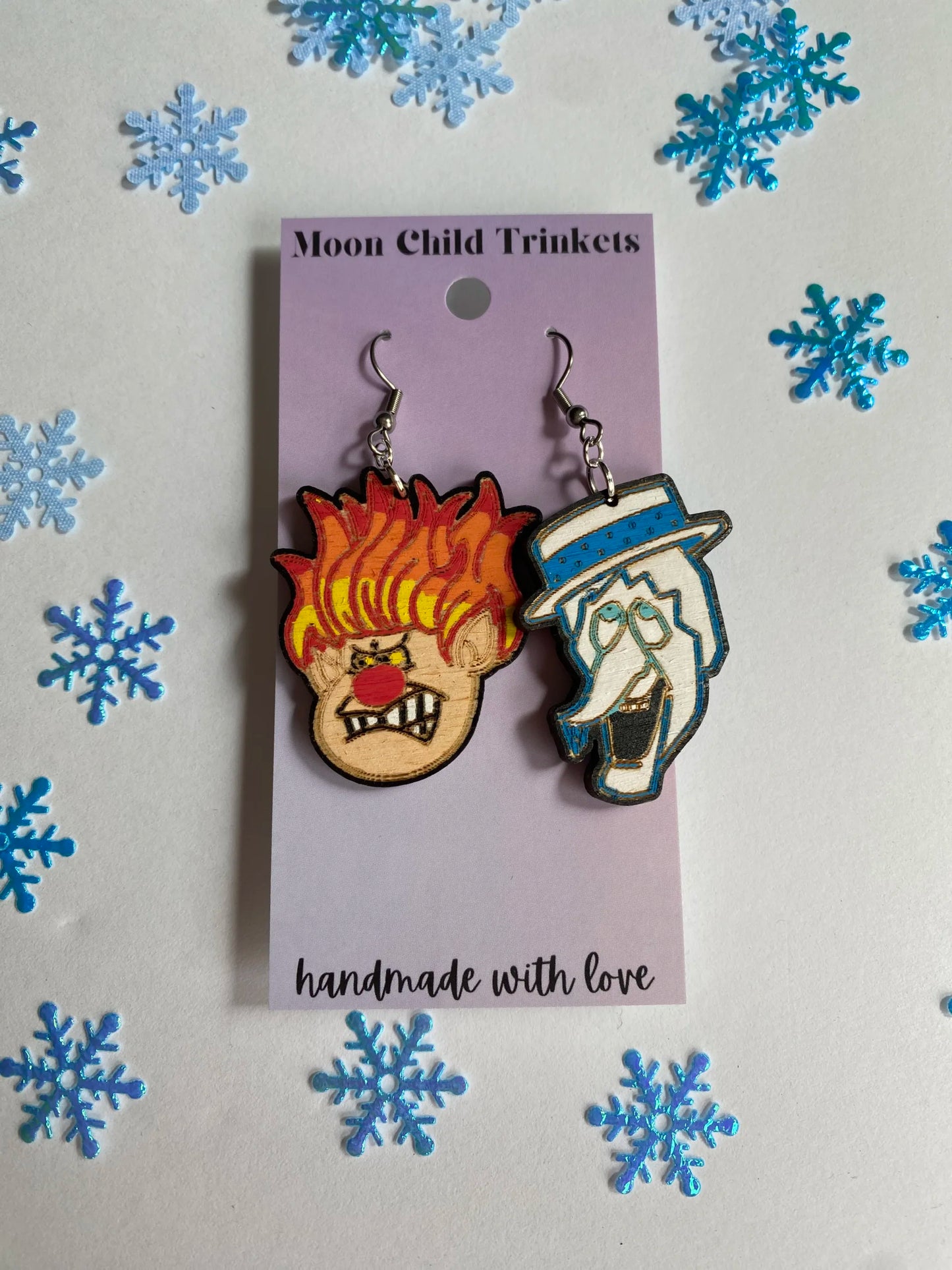 Retro Classic Christmas Snow and Heat Miser Hand Painted Wooden Drop Earrings, hypoallergenic earrings, statement earrings, Gifts for Her image 4