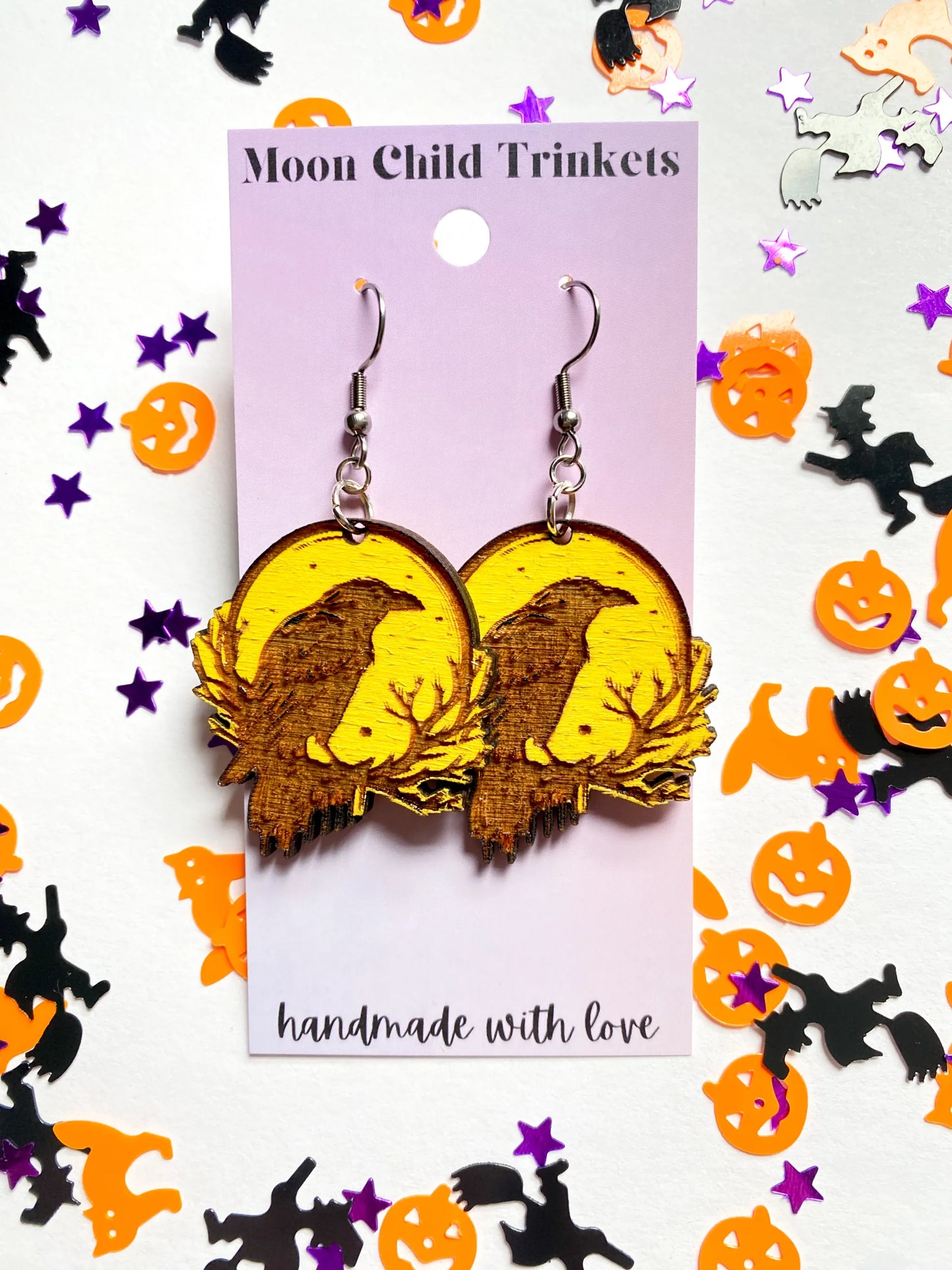 Raven Moonlight Hand Painted Wood Earrings image 0