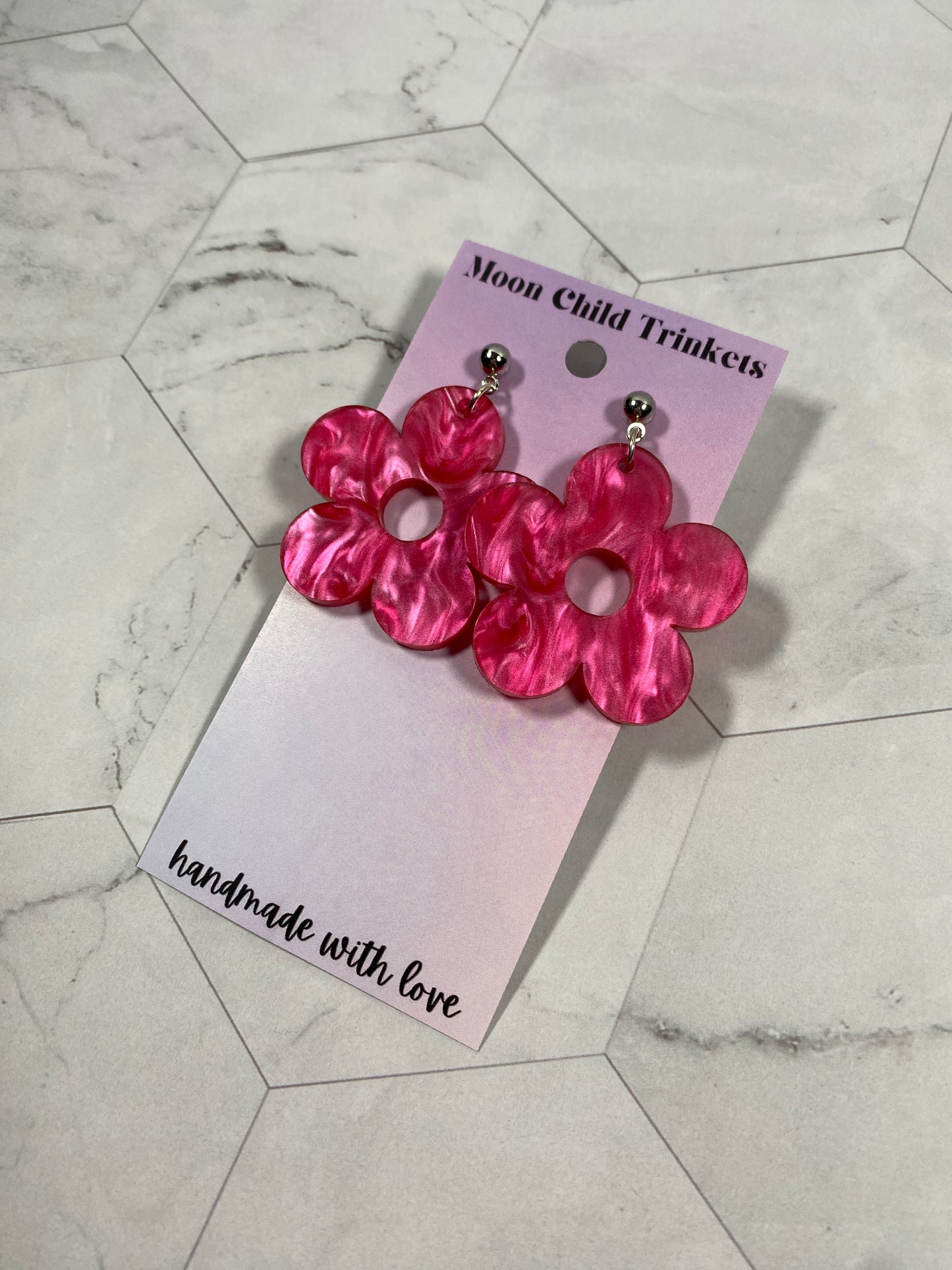 Retro Flower Pink Marble Acrylic Dangle Earrings *LIMITED EDITION*