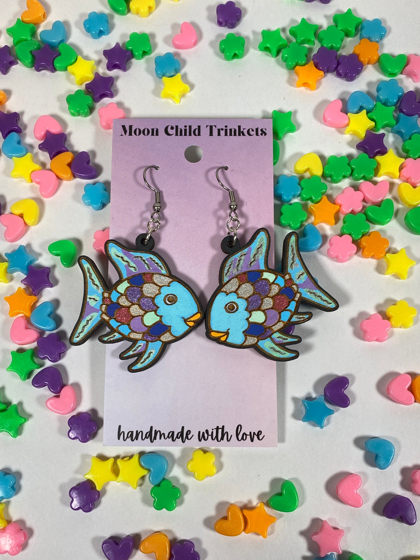 Rainbow Fish Hand Painted Wood Dangle Earrings