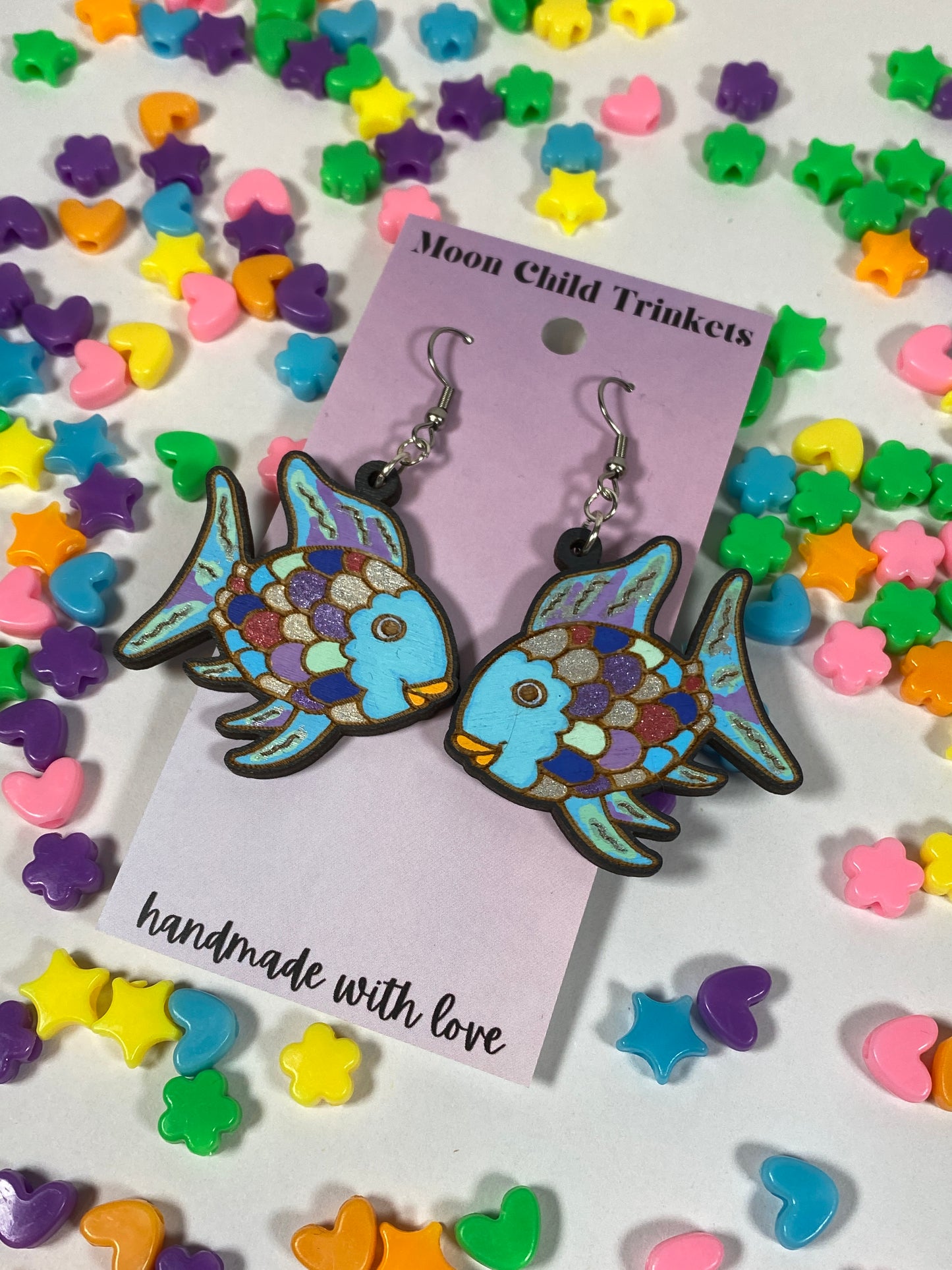 Rainbow Fish Hand Painted Wood Dangle Earrings