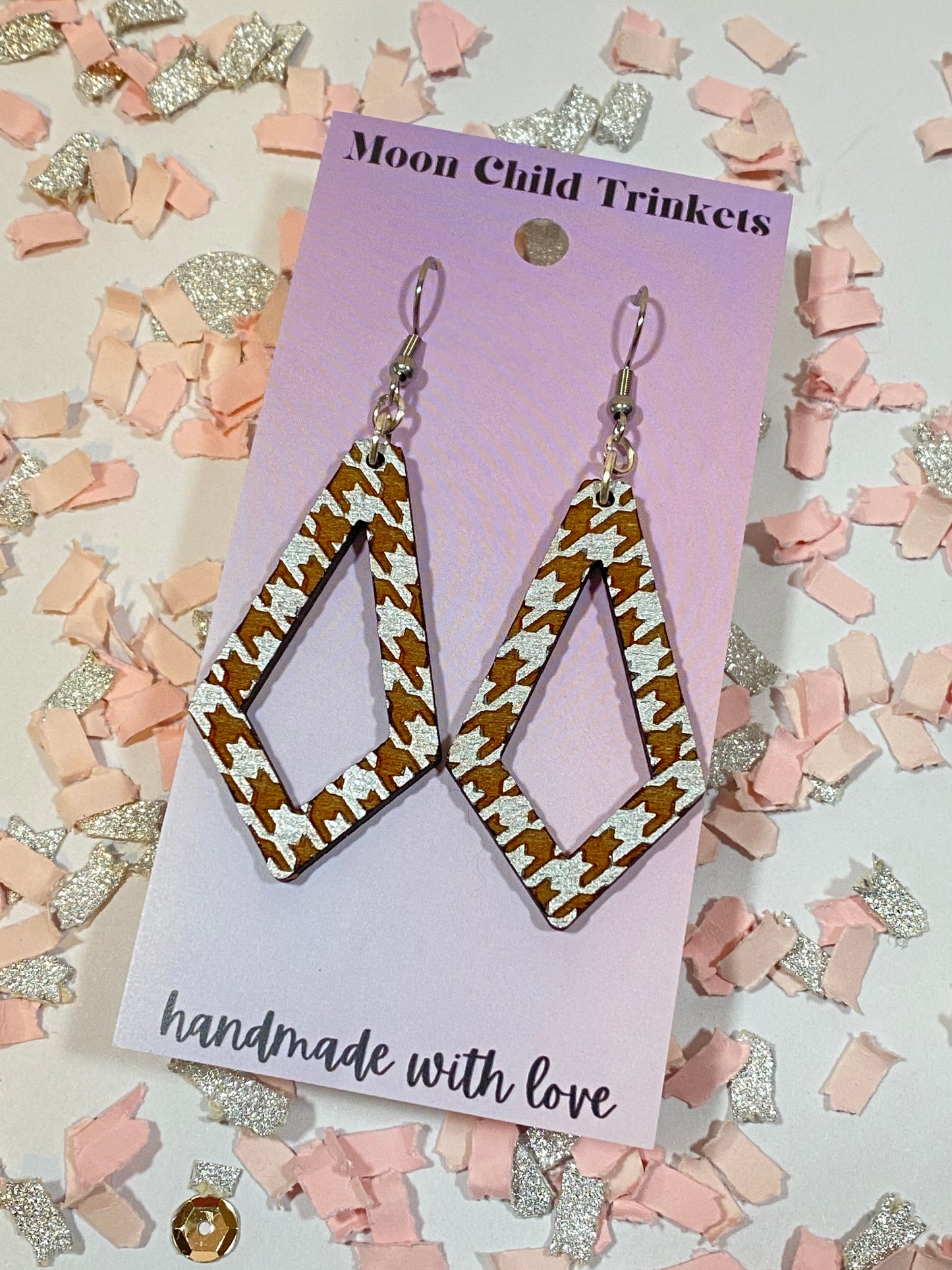Silver Houndstooth Diamond Shaped Wood Earrings