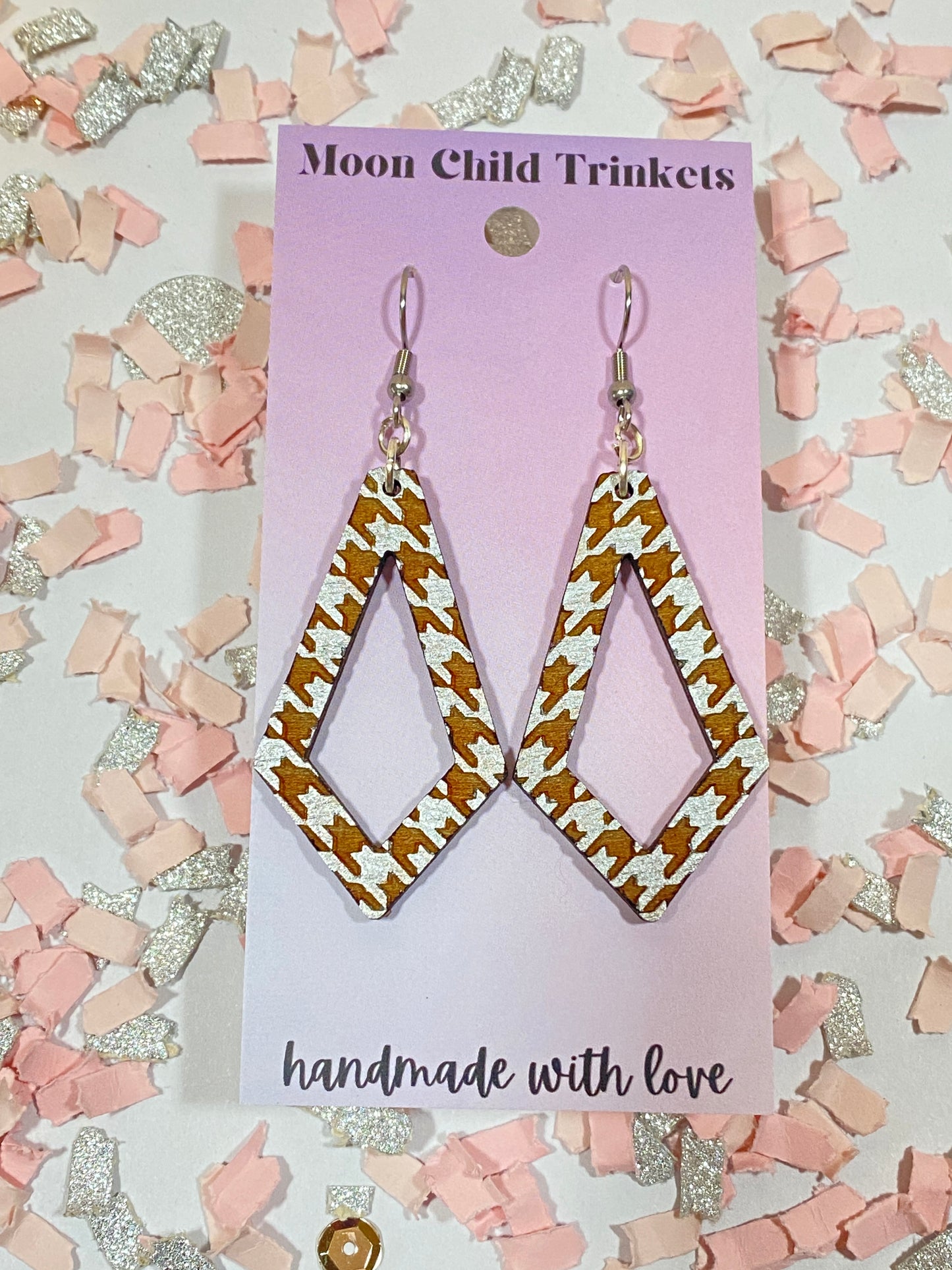 Silver Houndstooth Diamond Shaped Wood Earrings