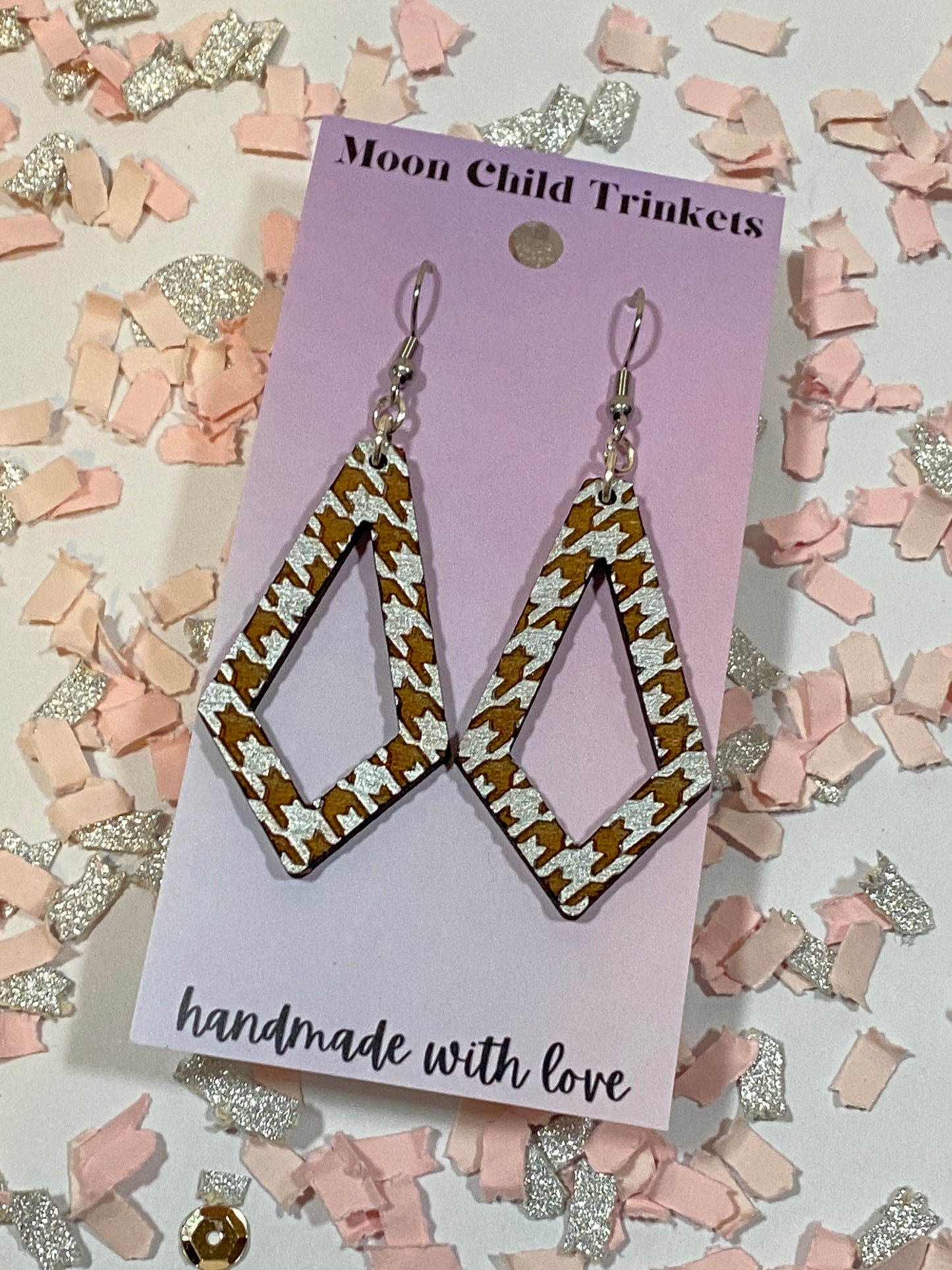 Silver Houndstooth Diamond Shaped Wood Earrings
