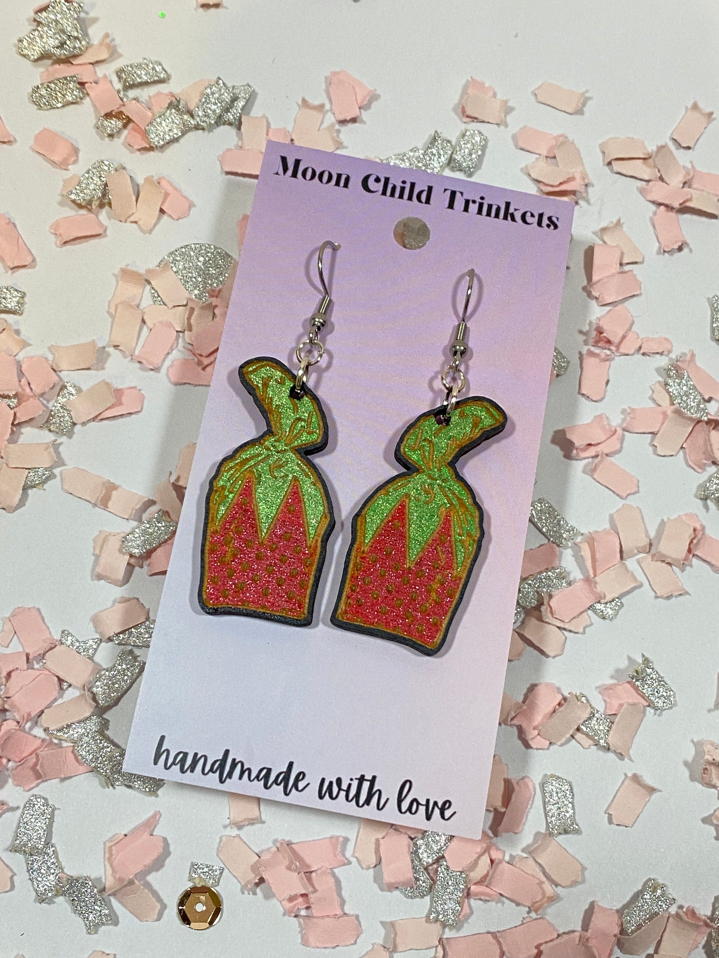 Strawberry Candy Hand Painted Wood Dangle Earrings
