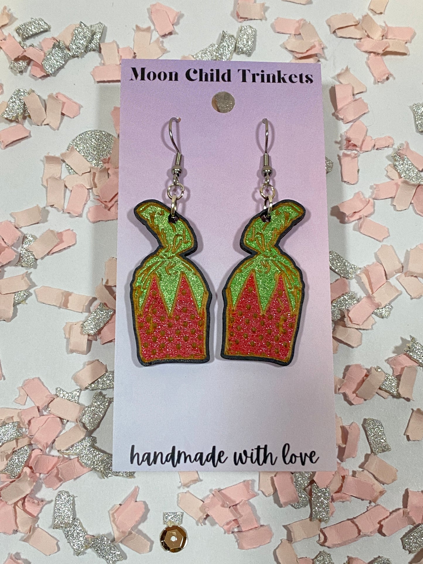 Strawberry Candy Hand Painted Wood Dangle Earrings