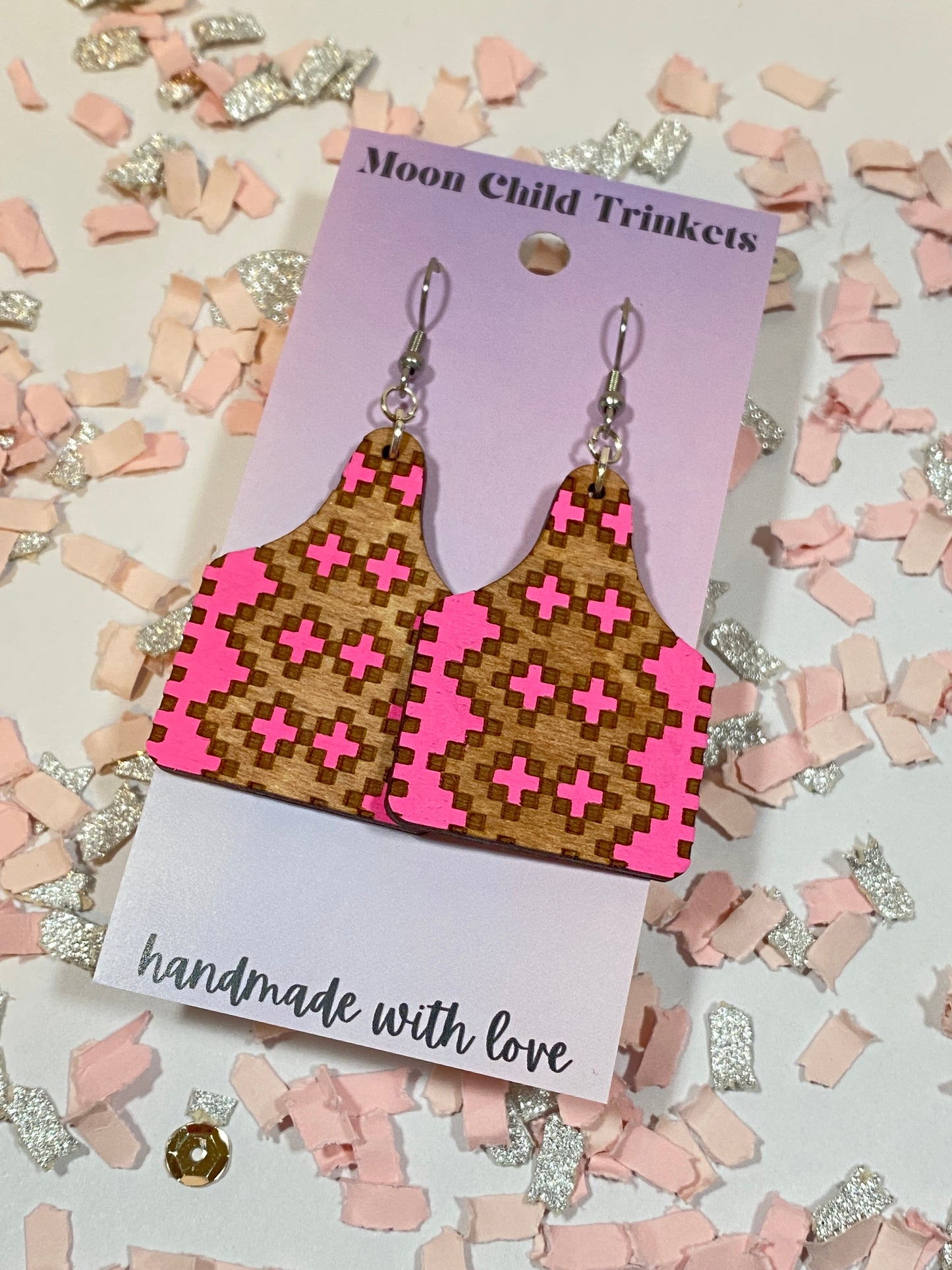 Aztec Pattern Hot Pink Cow Tag Hand Painted Wood Earrings