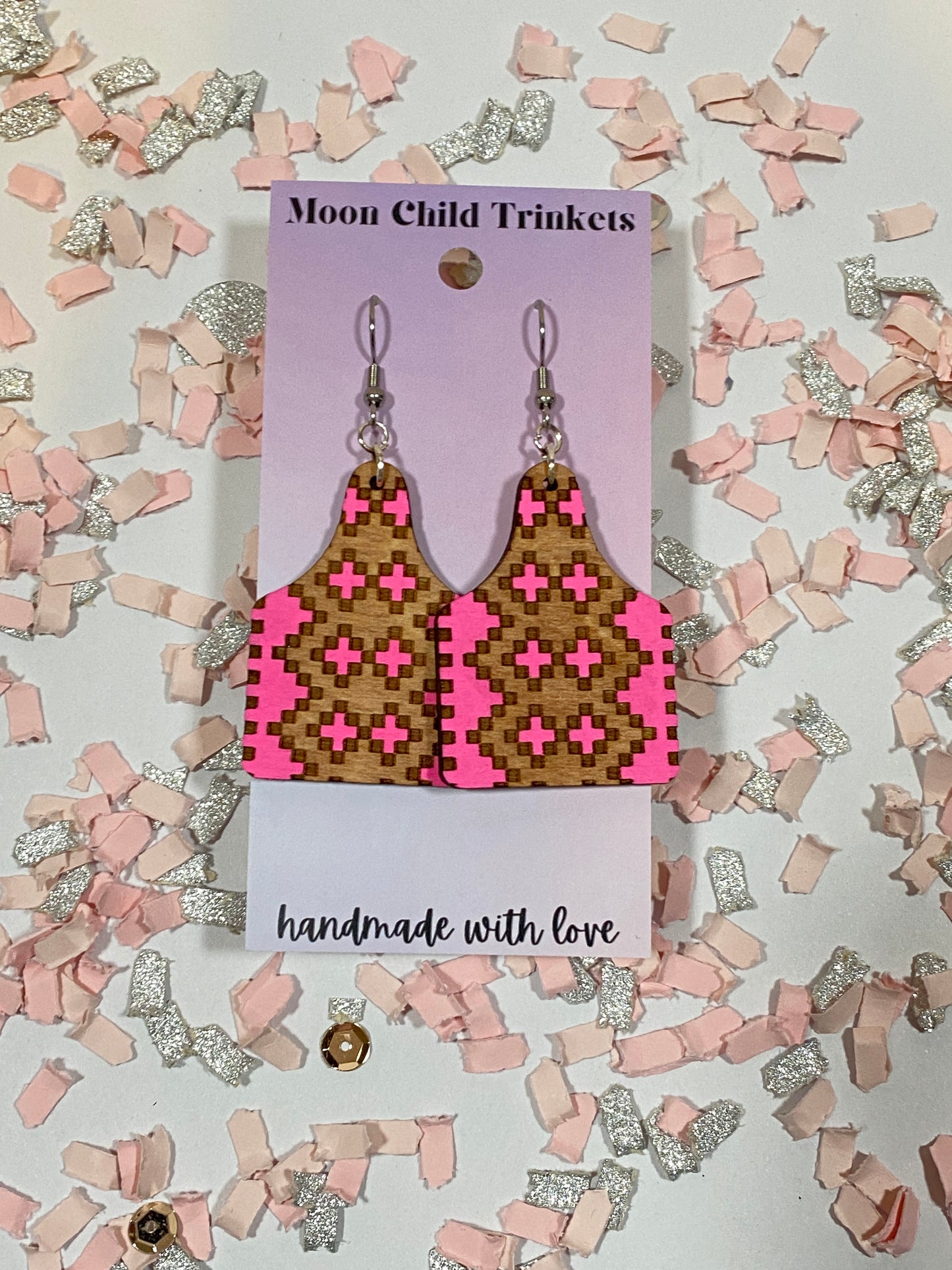 Aztec Pattern Hot Pink Cow Tag Hand Painted Wood Earrings