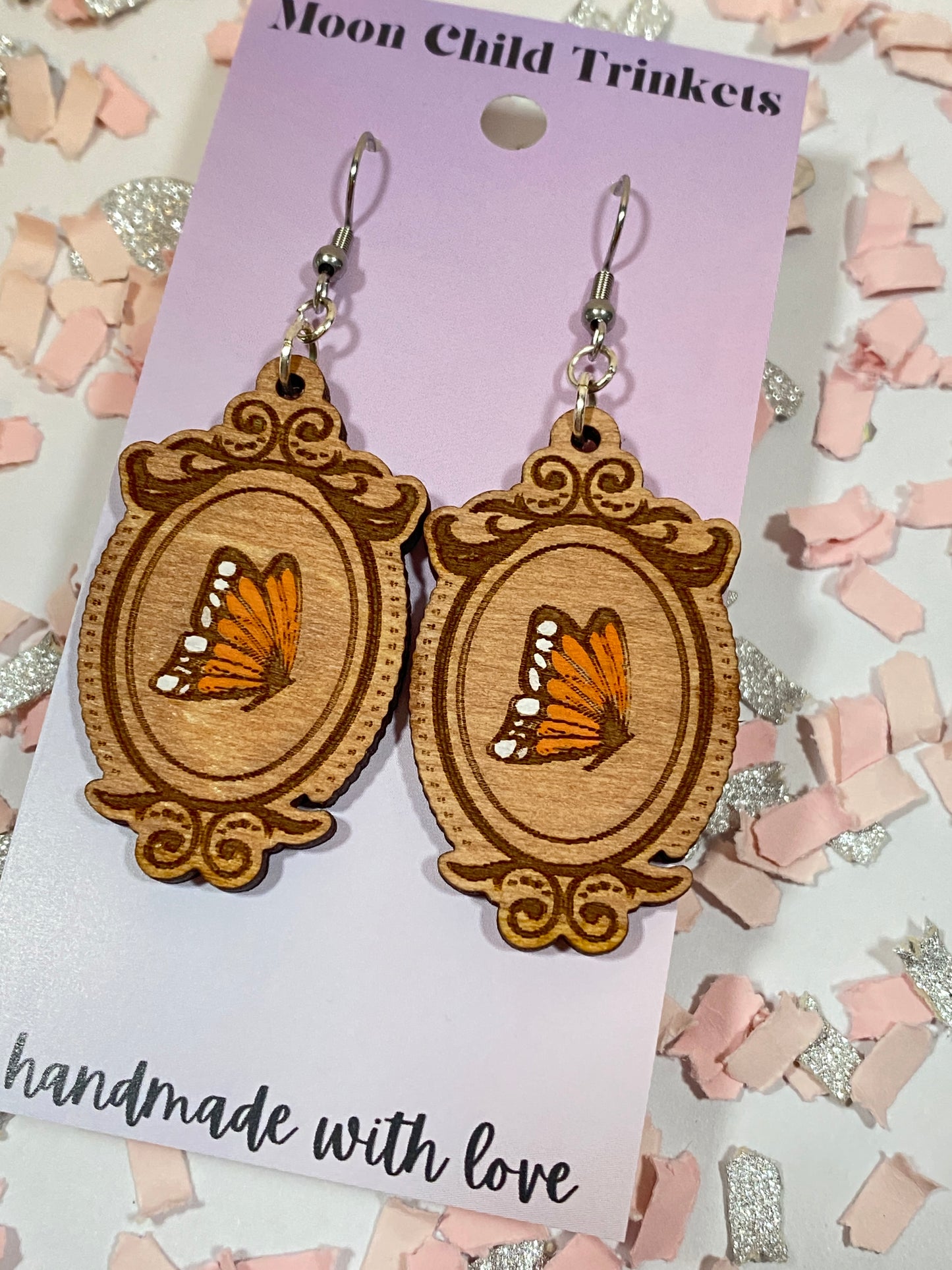 Regency Era Inspired Butterfly Hand Painted Wood Earrings