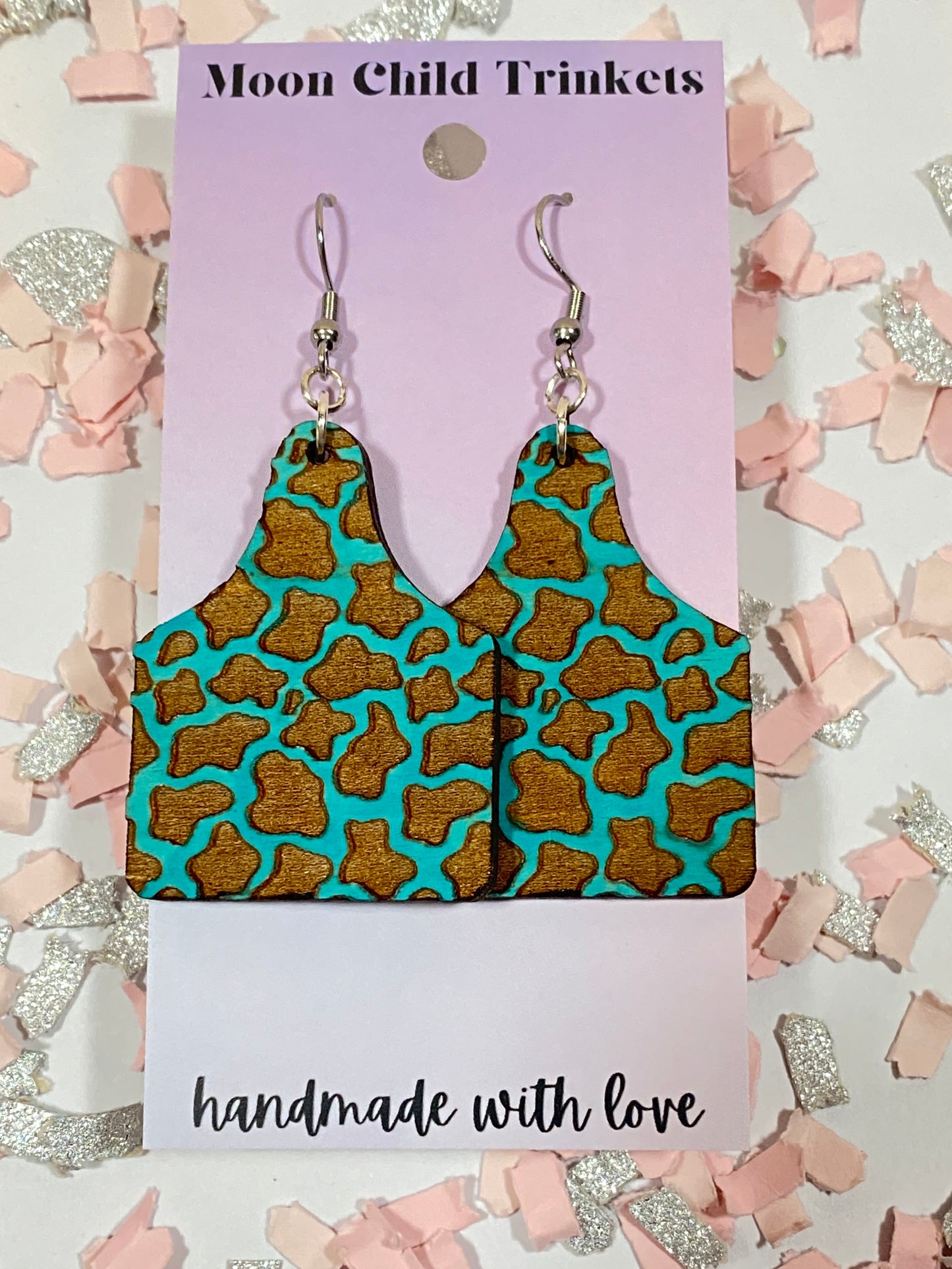 Teal Cow Print Cow Tag Hand Painted Wood Dangle Earrings