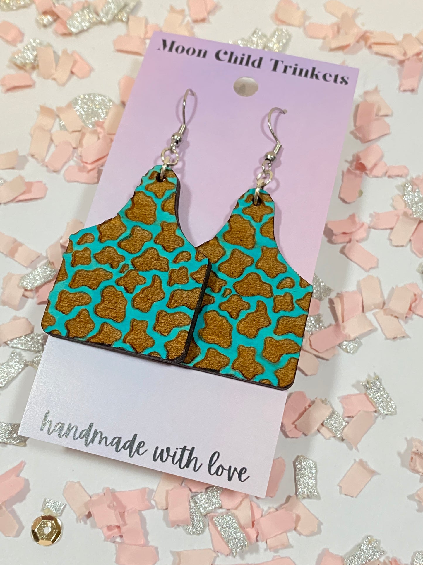 Teal Cow Print Cow Tag Hand Painted Wood Dangle Earrings