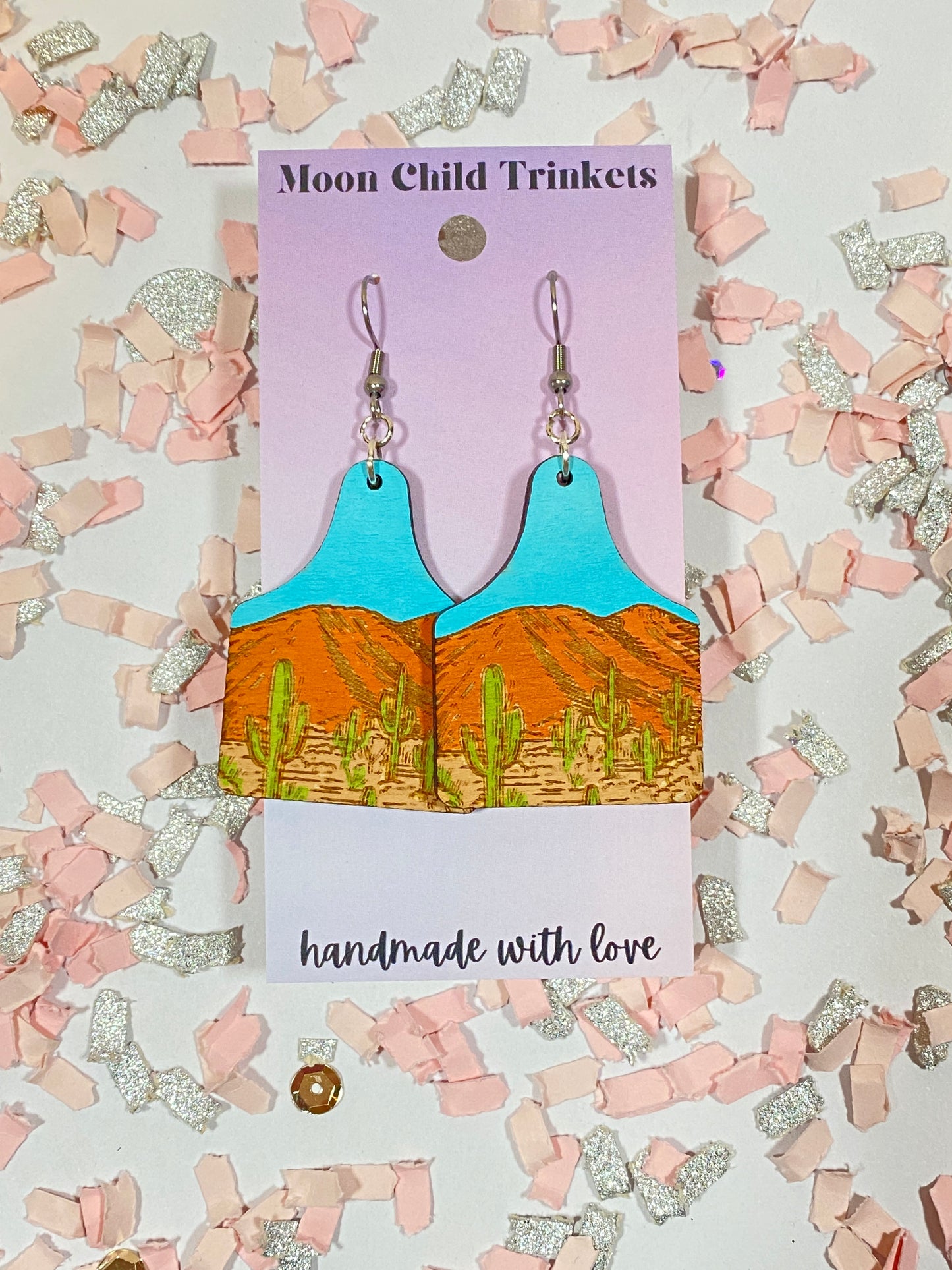 Desert Nature Scene Cow Tag Hand Painted Wood Dangle Earrings