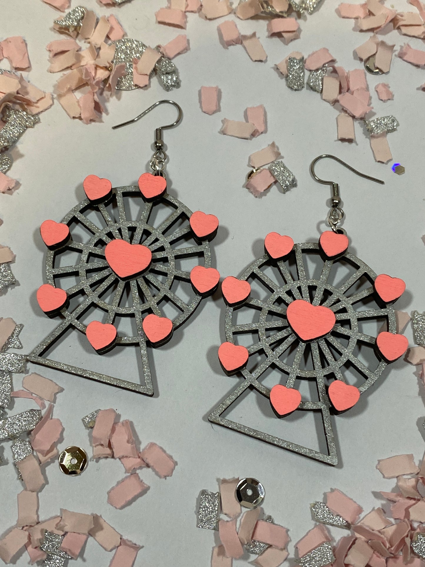 3D Ferris Wheel Hand Painted Wood Dangle Earrings