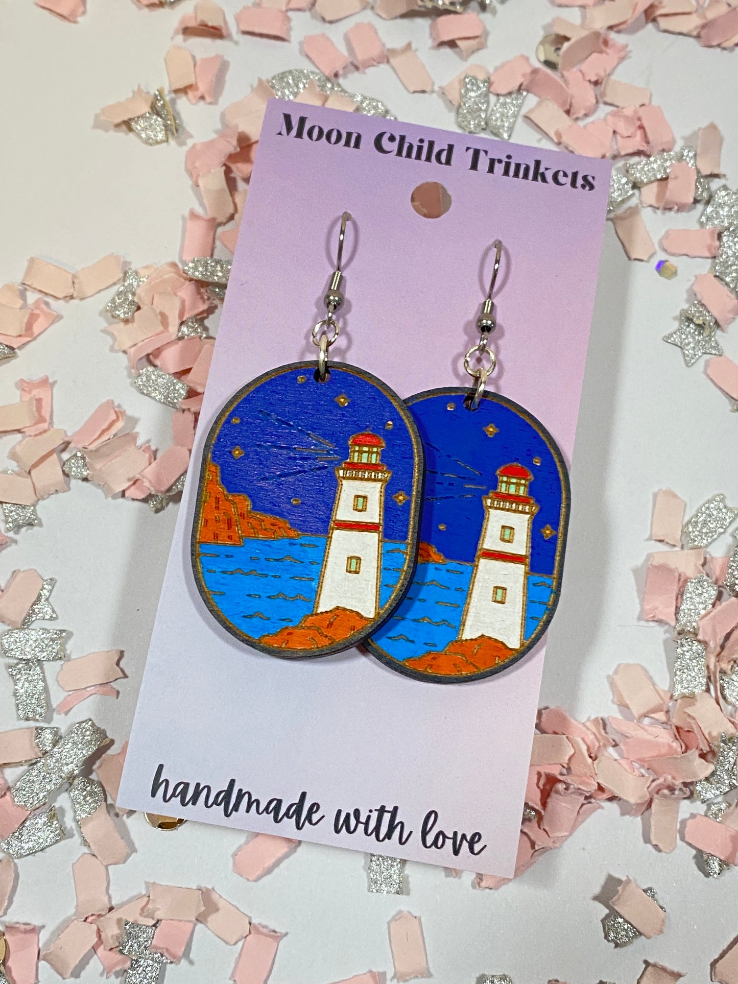 Lighthouse Scenery Hand Painted Wood Dangle Earrings