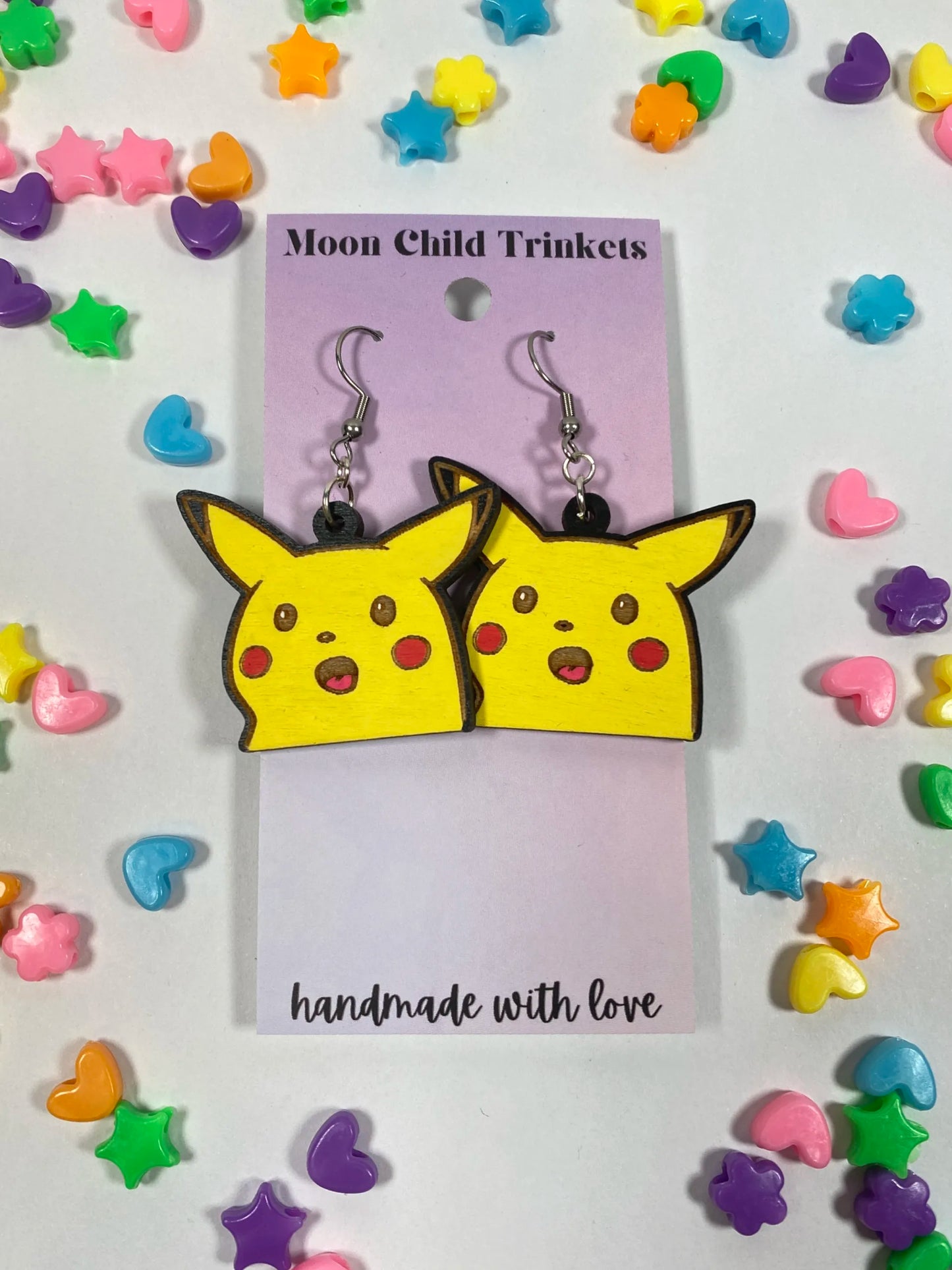 Surprised Pikachu Meme Hand Painted Wood Dangle Earrings image 0