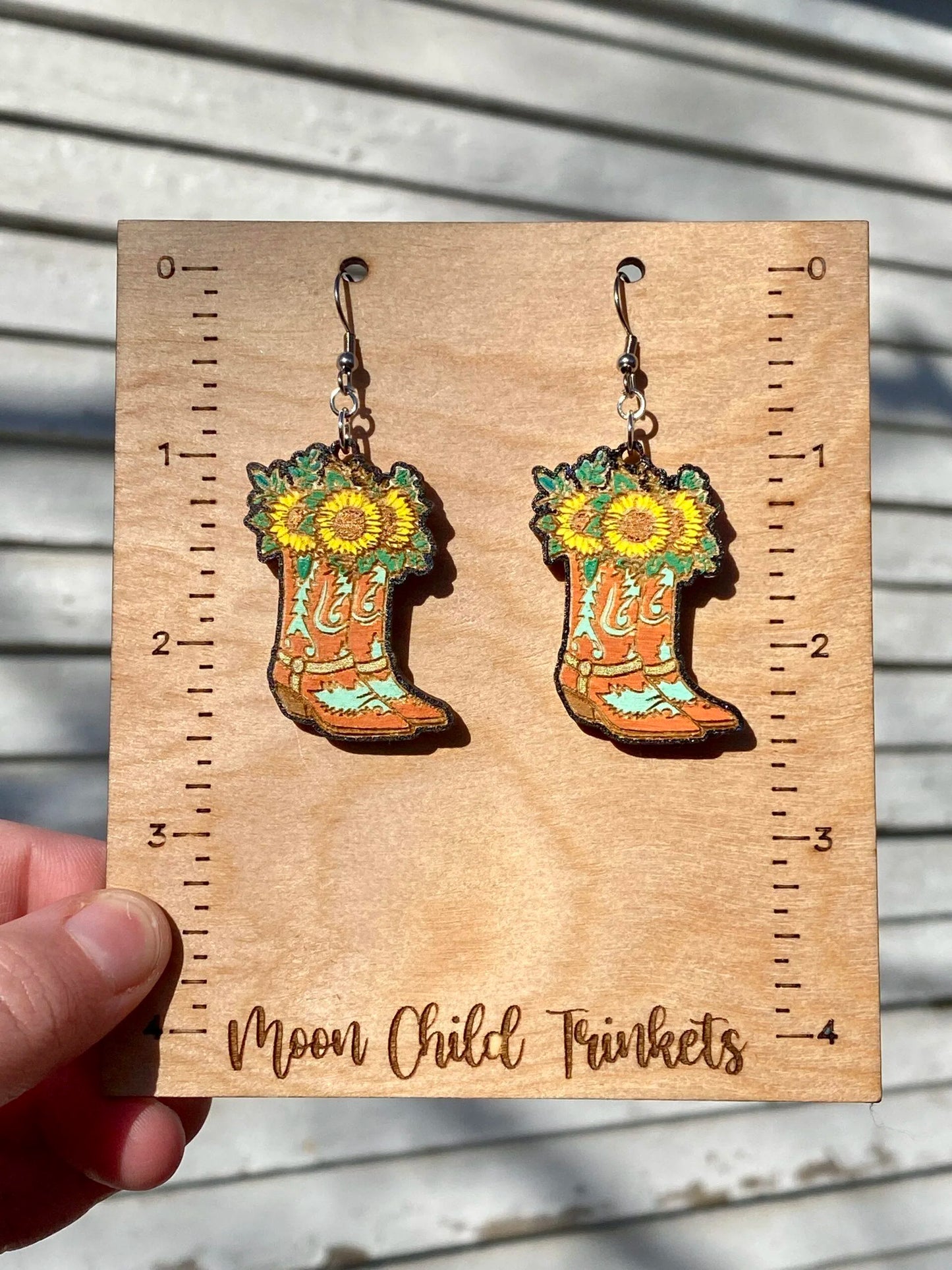 Sunflower Cowboy Boots Hand Painted Wood Dangle Earrings image 2