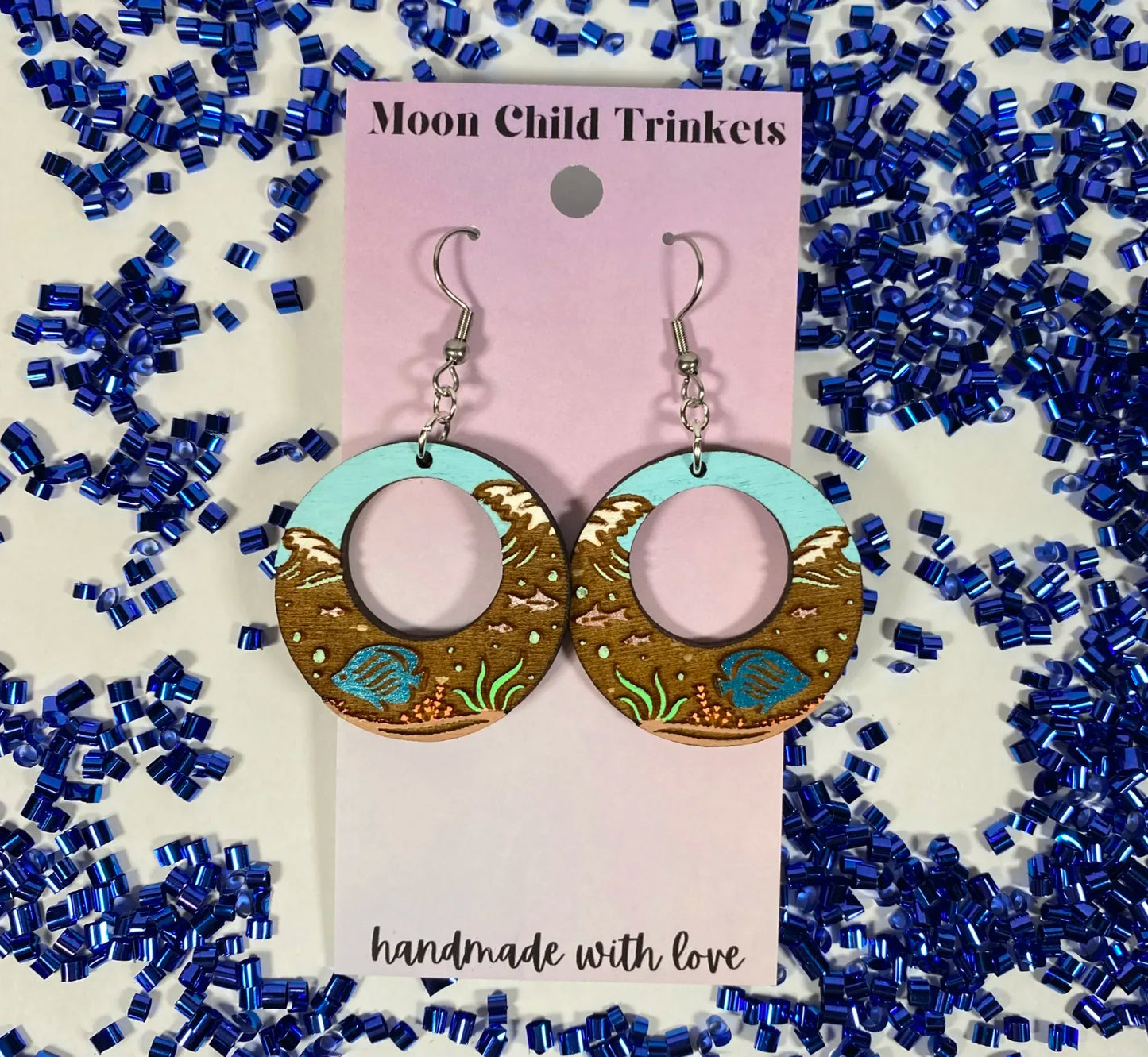 Ocean Life Hand Painted Wood Dangle Earrings image 0