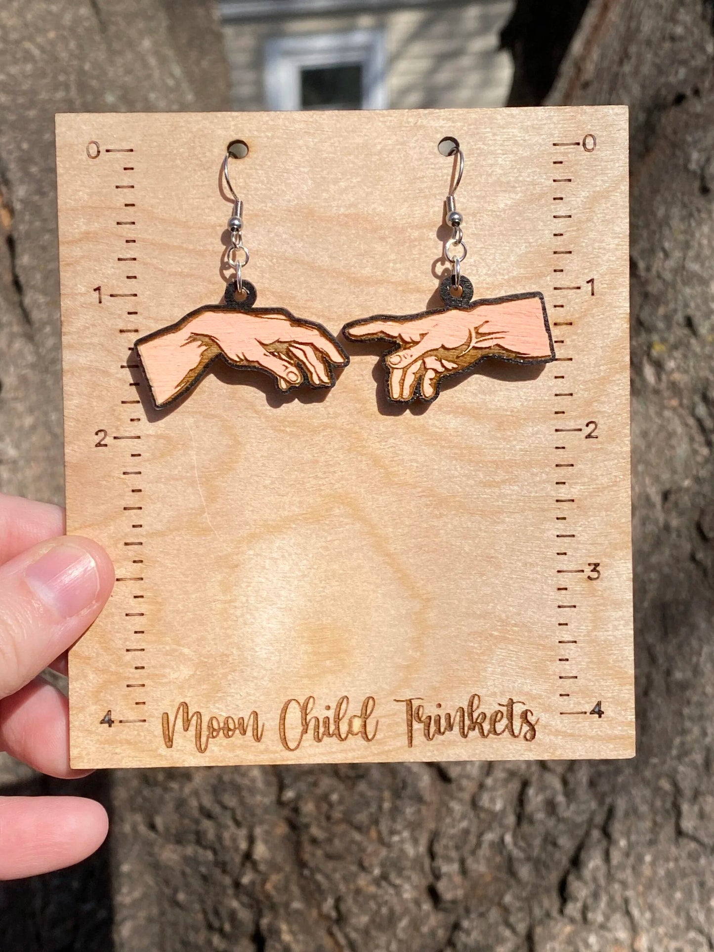 Michelangelo The Creation of Adam Hand Painted Wood Dangle Earrings image 1