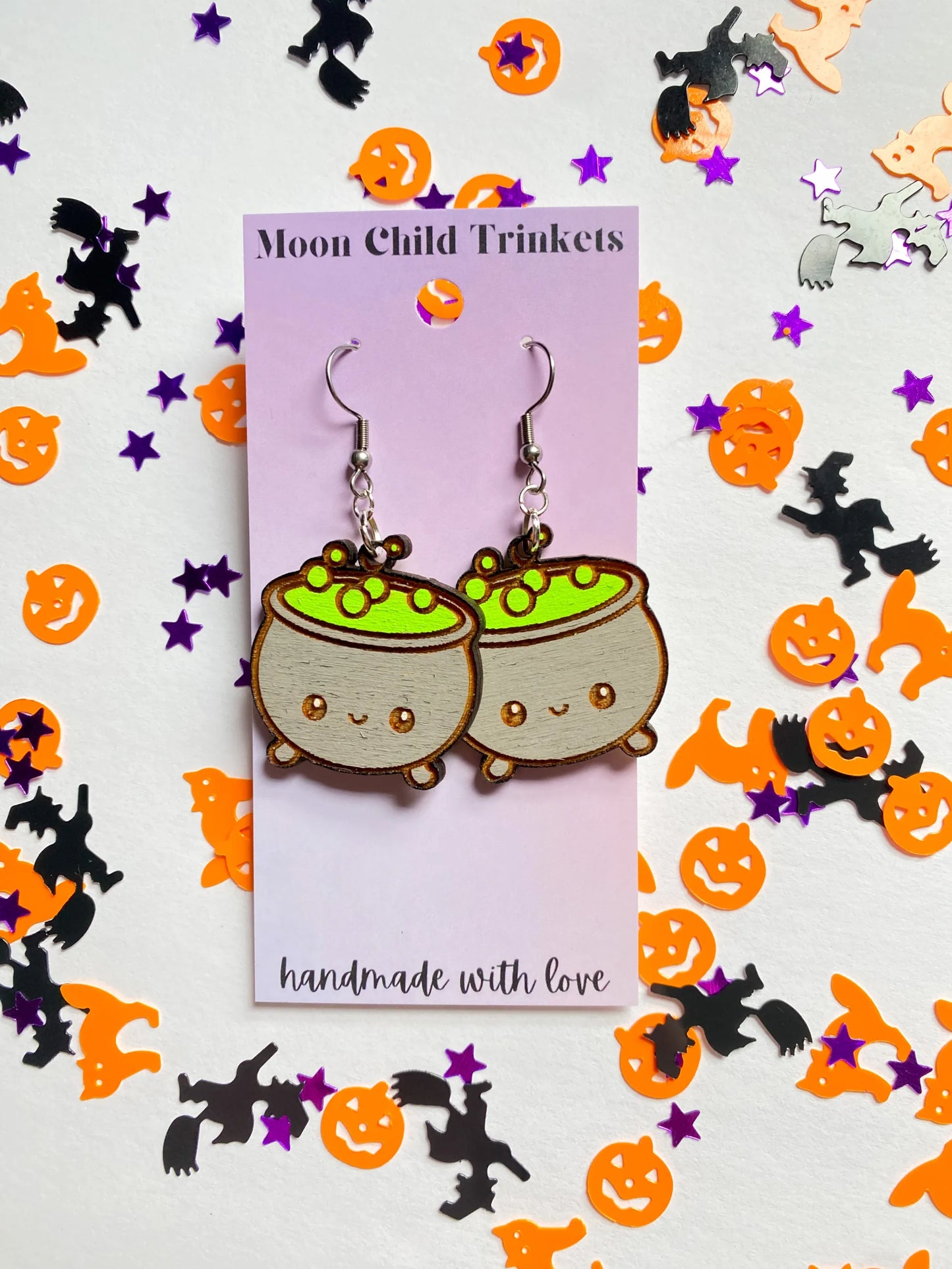 Witches Brew Cauldron Hand Painted Wood Earrings image 0