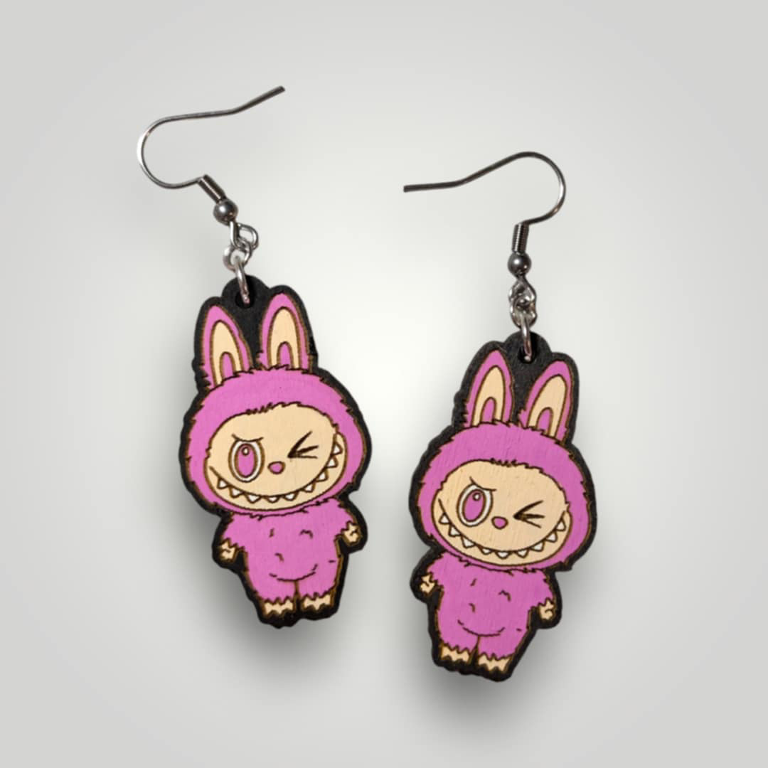 Labubu Monster Wink Hand Painted Wood Earrings