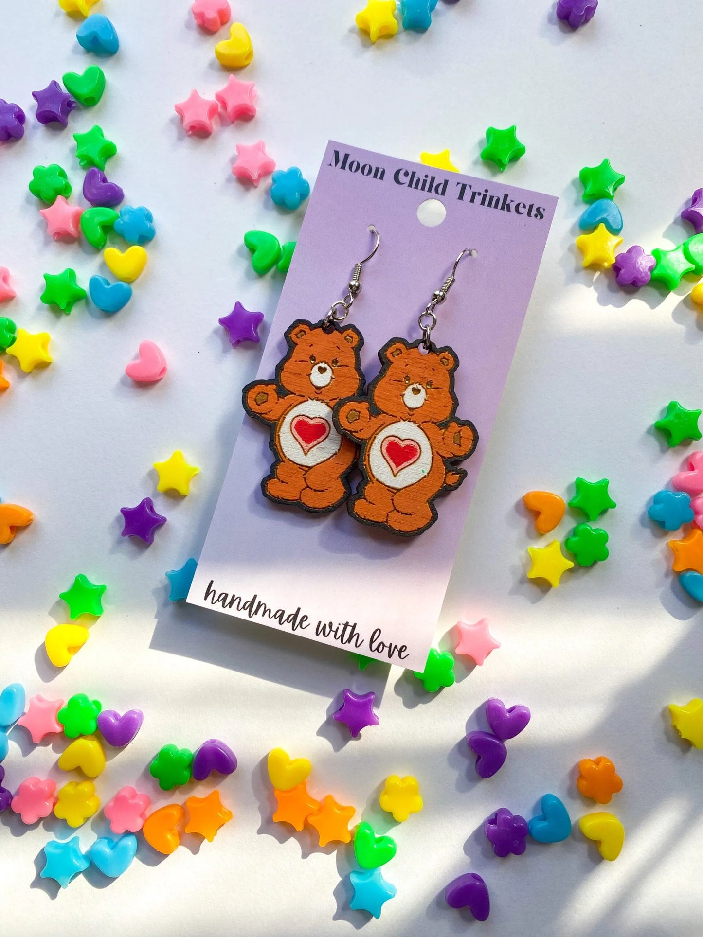 Tenderheart Care Bear Hand Painted Wood Dangle Earrings image 0