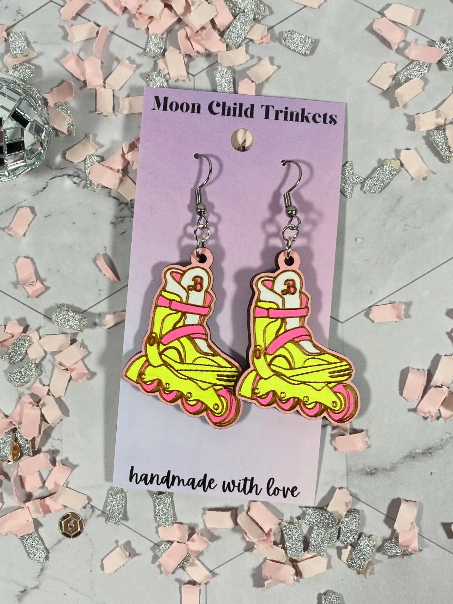 Neon Barbie Rollerblade Hand Painted Wood Dangle Earrings image 0