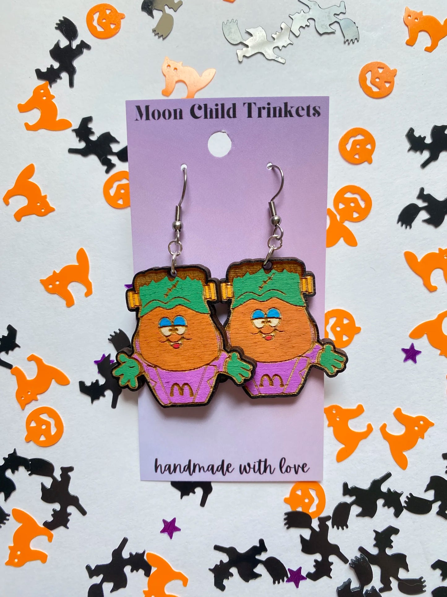 Frankenstein Chicken Nuggets Hand Painted Wood Earrings image 1