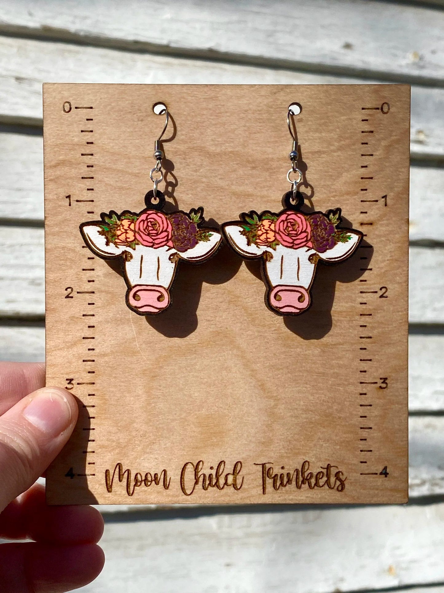Floral Cow Hand Painted Wood Dangle Earrings image 1
