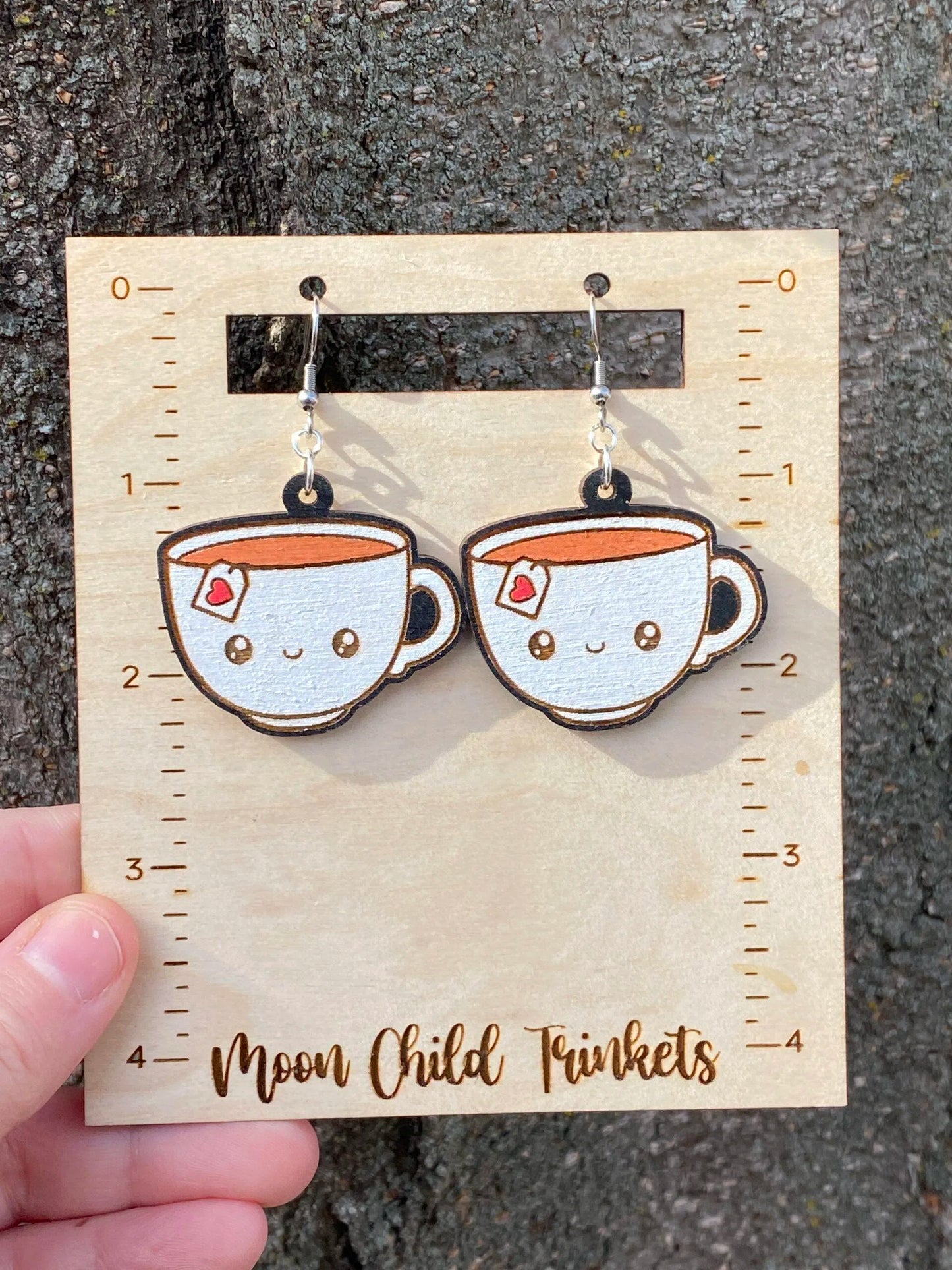 Tea Cup Kawaii Hand Painted Wood Dangle Earrings image 0