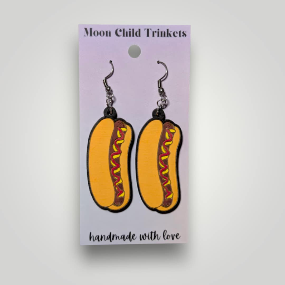 Hot Dog Hand Painted Wood Earrings
