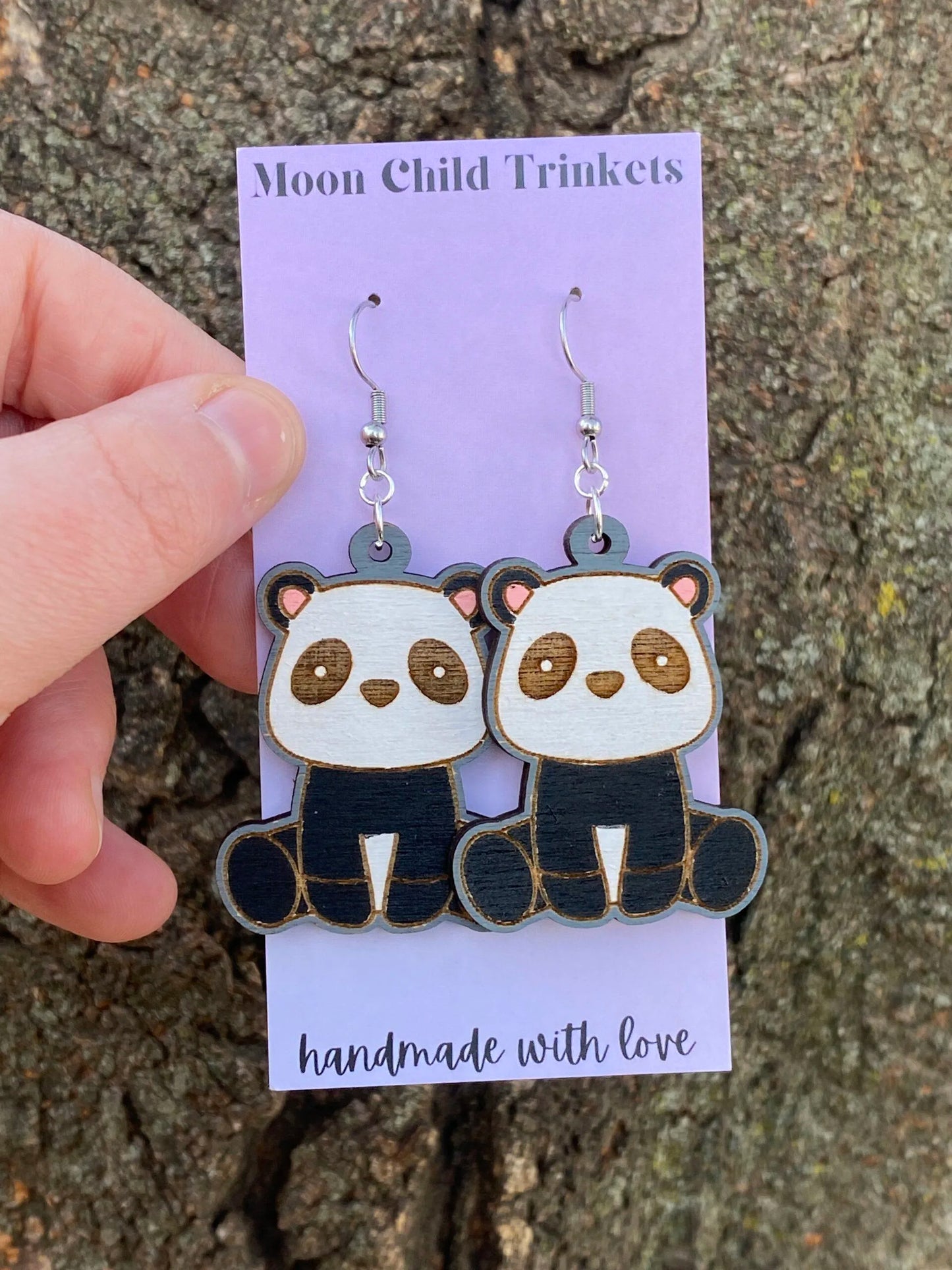 Panda Bear Kawaii Hand Painted Wood Dangle Earrings image 1
