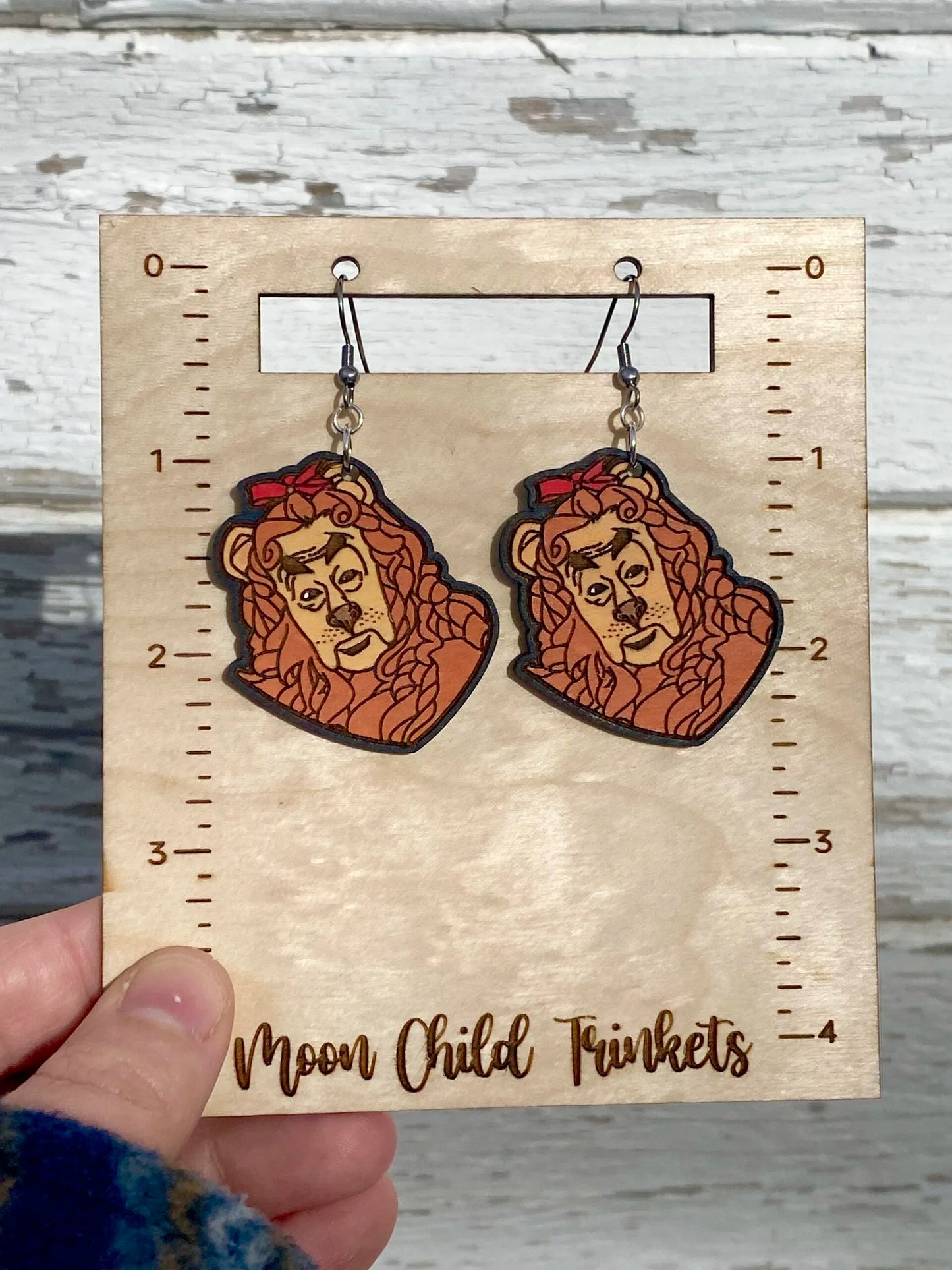 Wizard of Oz Inspired Cowardly Lion Hand Painted Wood Dangle Earrings, image 1