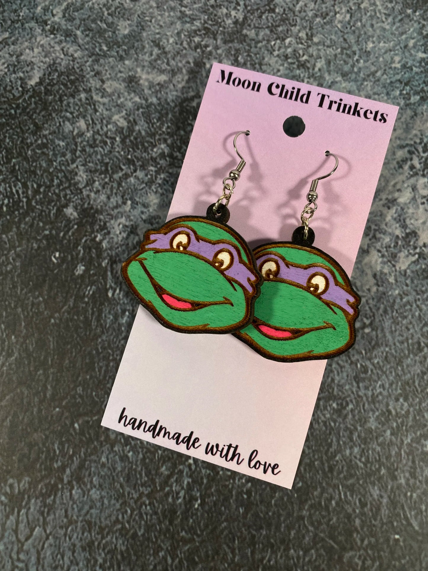 Donatello Ninja Turtle Hand Painted Wood Dangle Earrings image 1