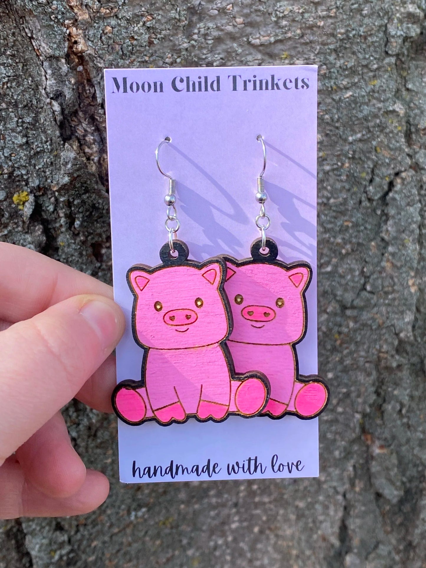 Pig Kawaii Hand Painted Wood Dangle Earrings image 1