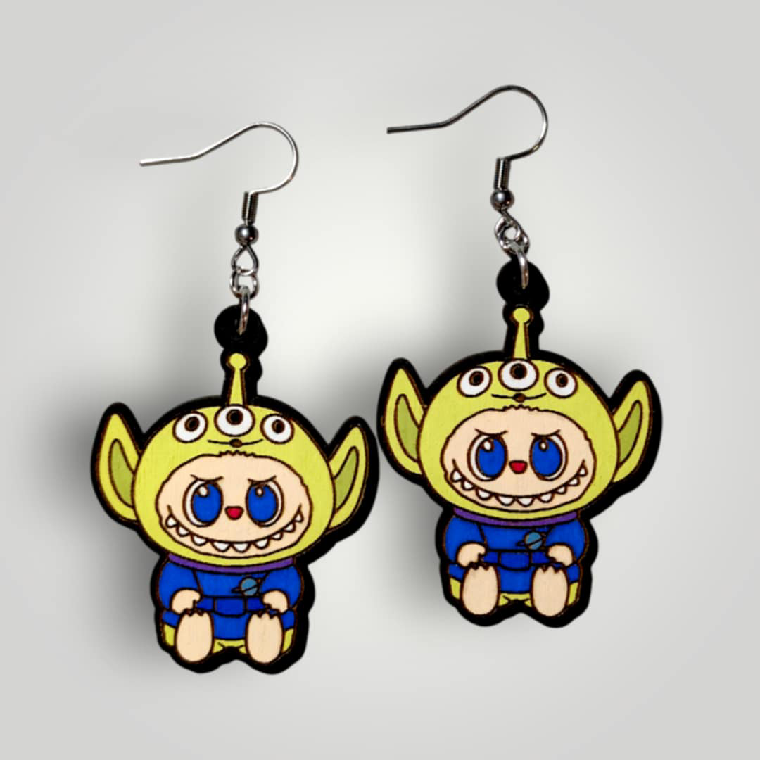 Alien Labubu Hand Painted Wood Earrings