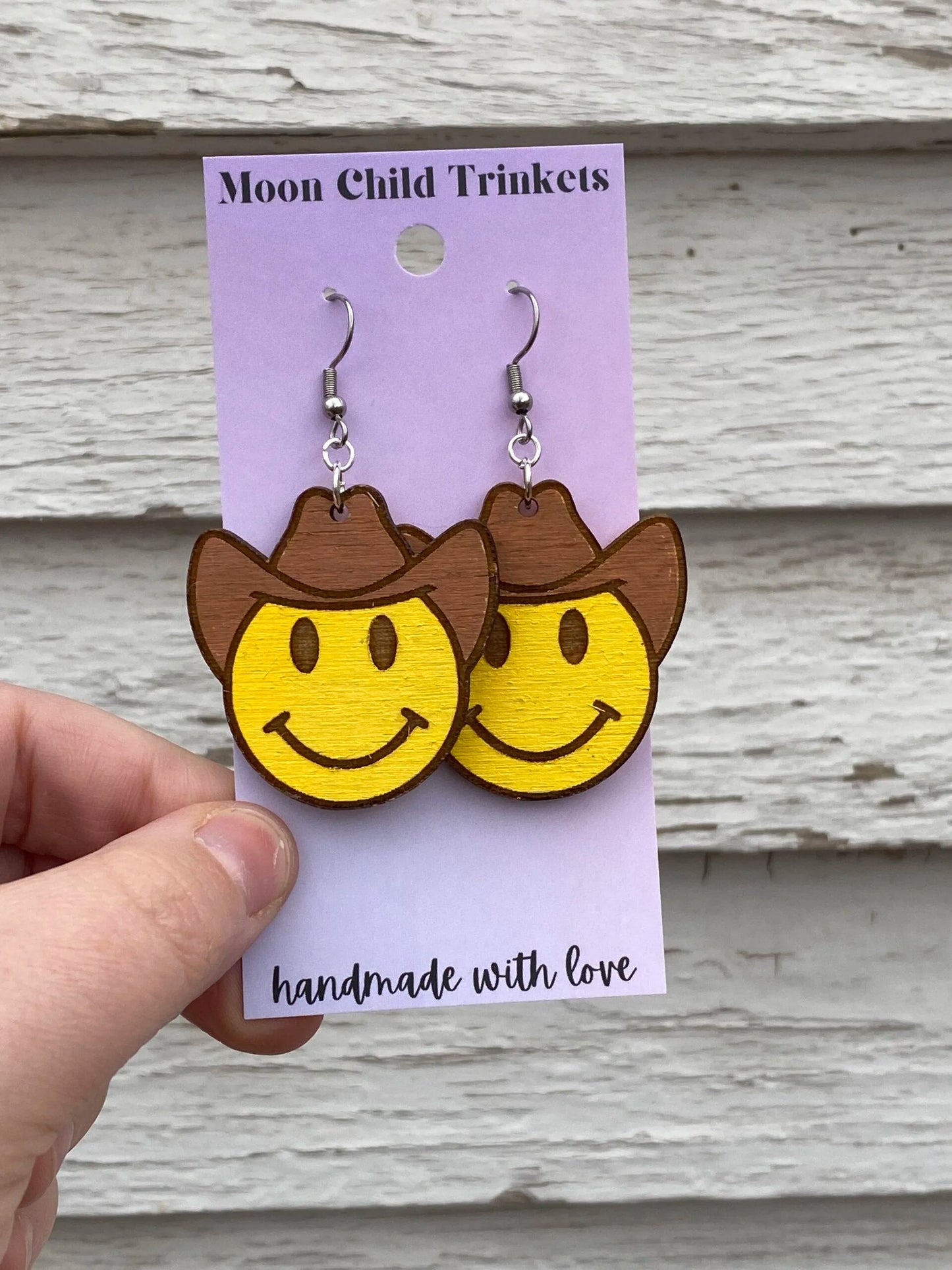 Western Smiley Cowboy Hand Painted Wood Dangle Earrings image 2