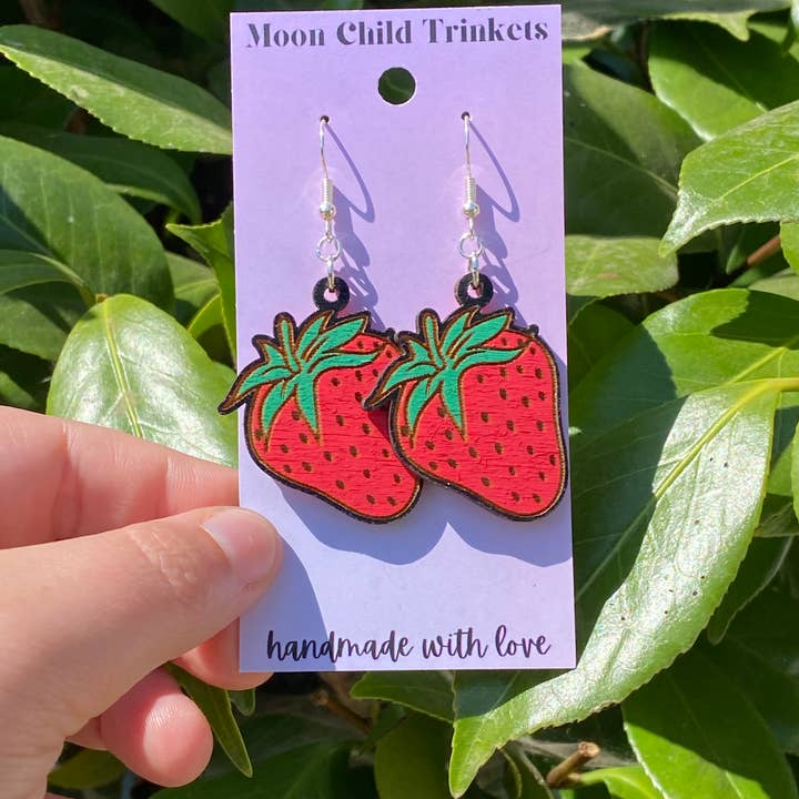 Strawberry Hand Painted Wood Dangle Earrings